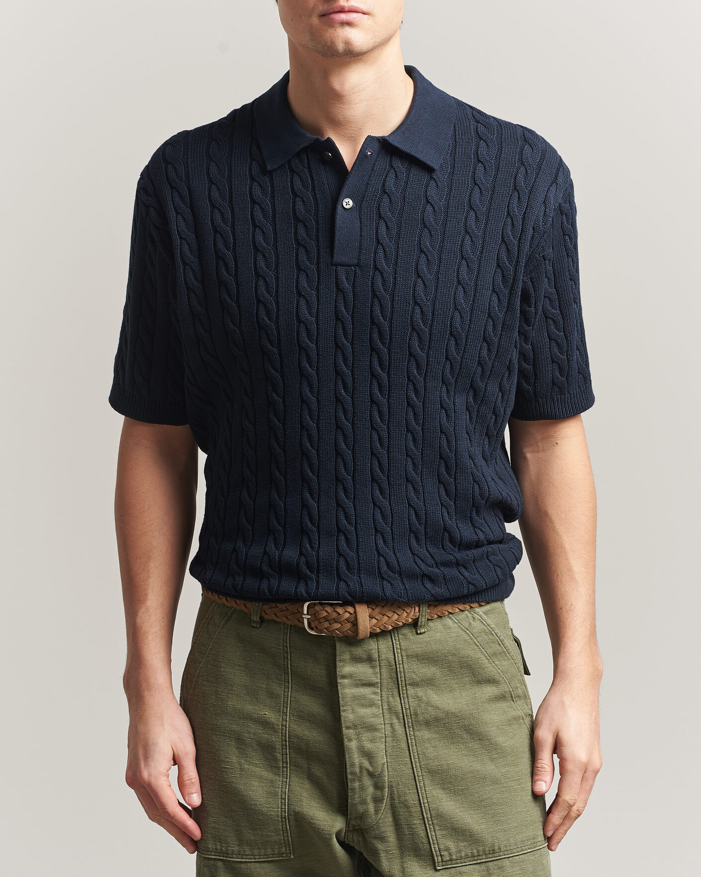 Mies | Pikeet | BEAMS PLUS | Short Sleeve Cable Polo Navy
