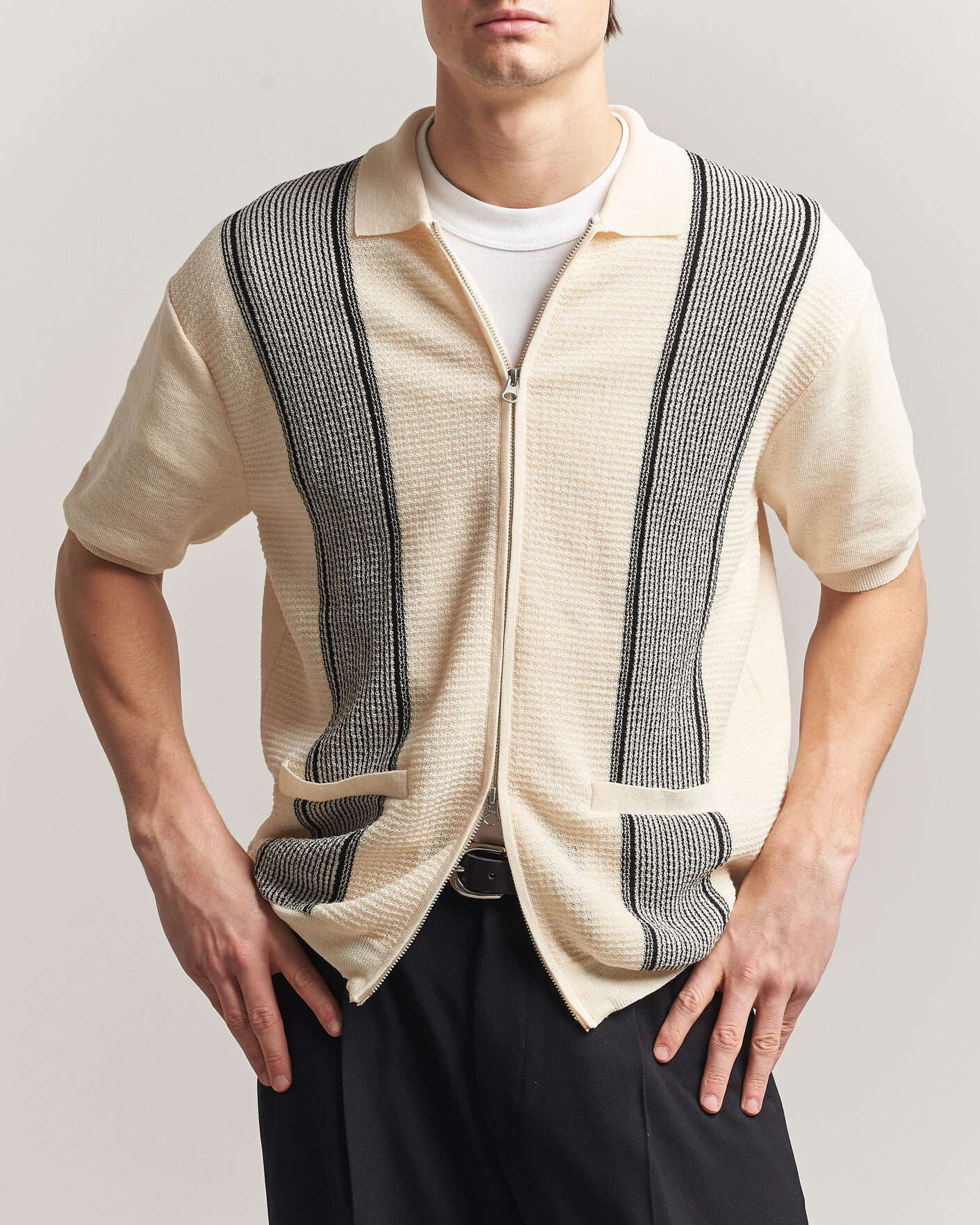 Mies | Pikeet | BEAMS PLUS | Zip Knit Striped Polo Off White