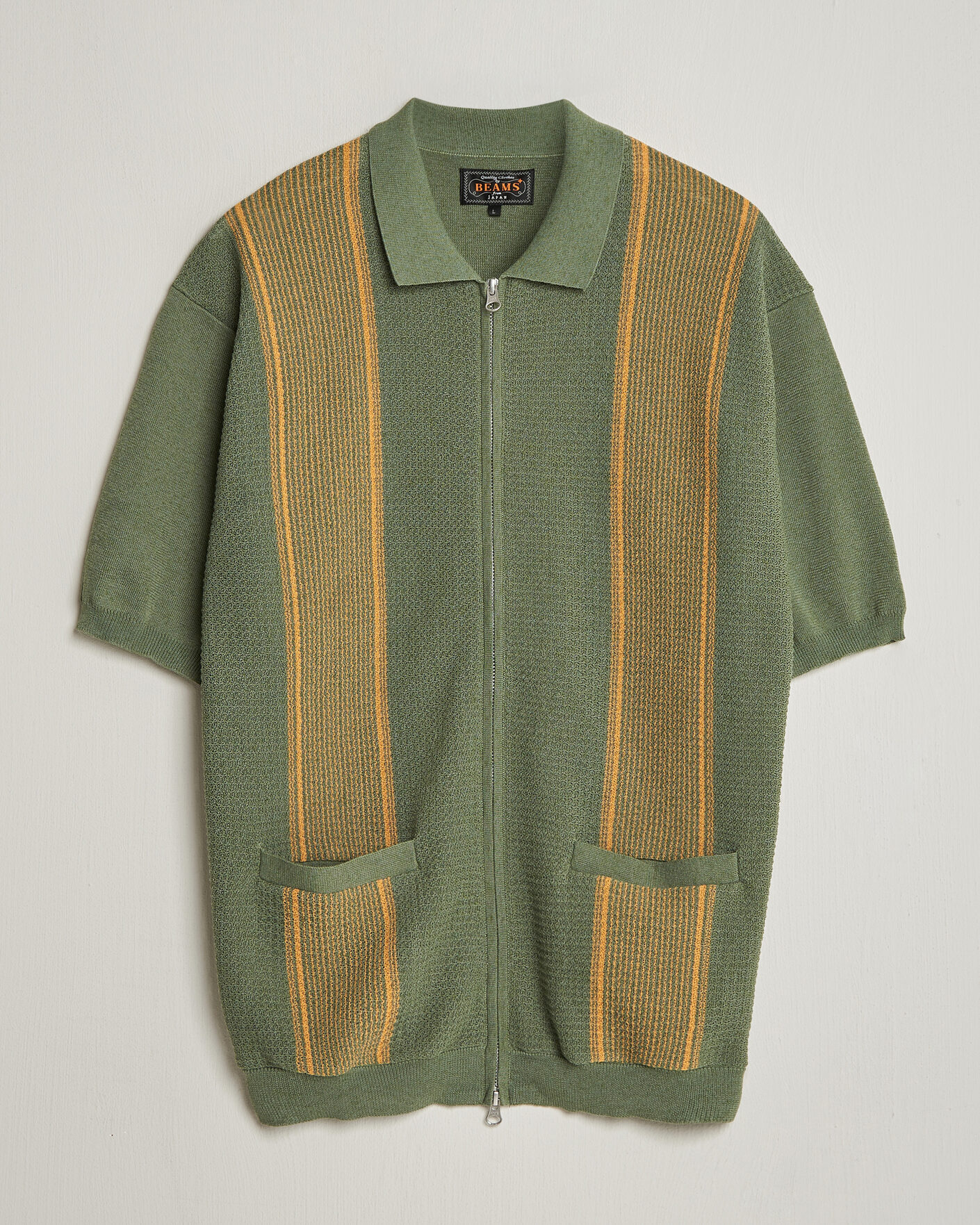 Mies | Pikeet | BEAMS PLUS | Zip Knit Striped Polo Olive
