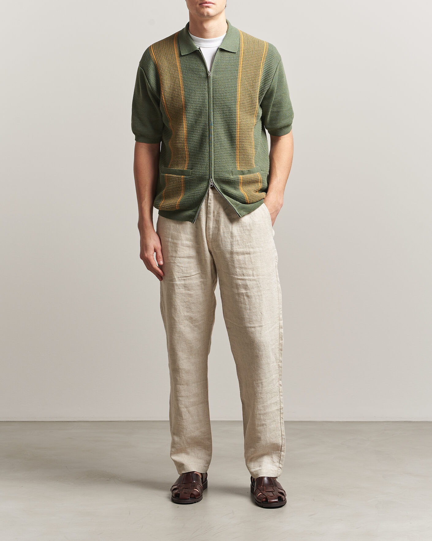 Mies | Pikeet | BEAMS PLUS | Zip Knit Striped Polo Olive