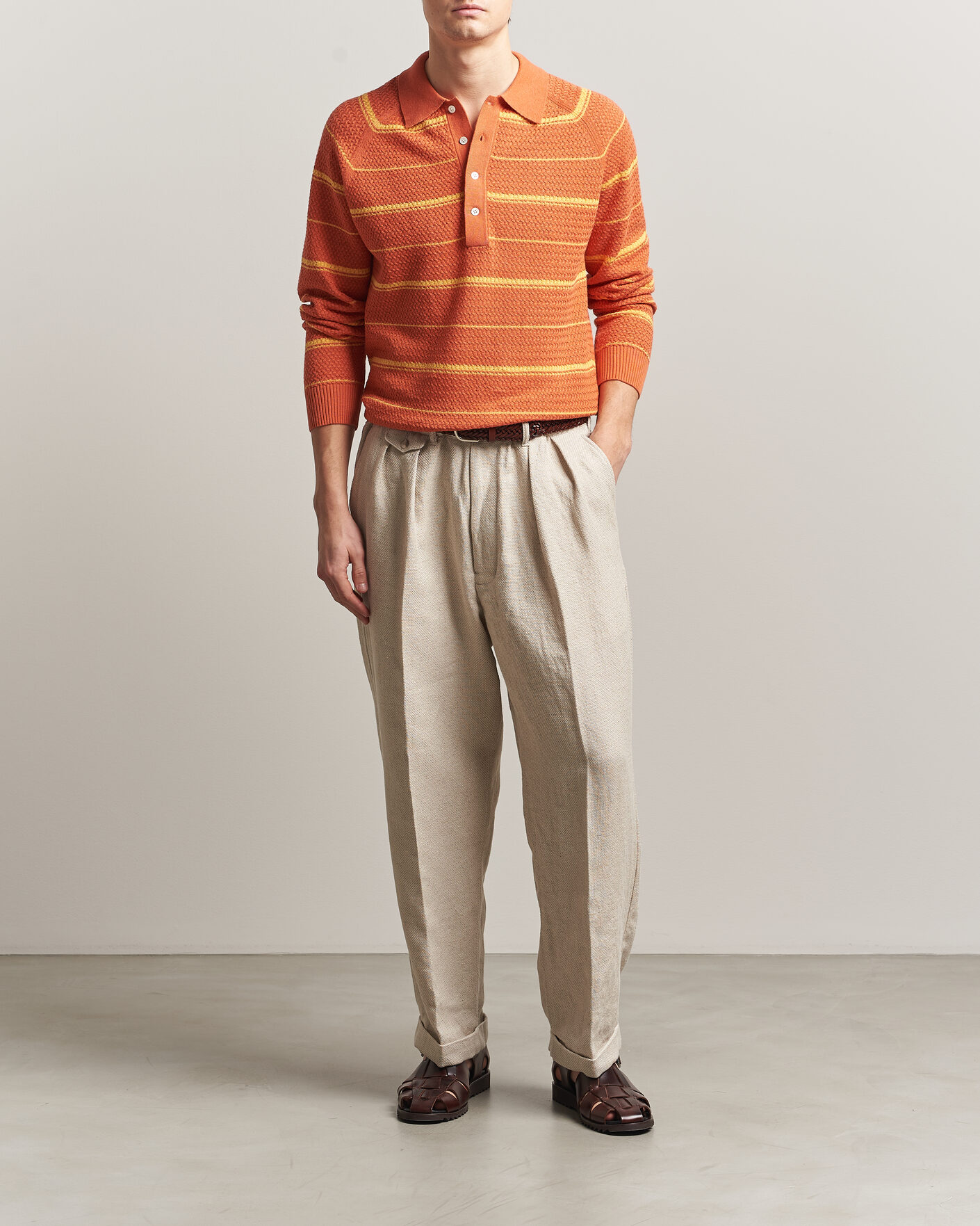 Mies | Pikeet | BEAMS PLUS | Long Sleeve Knit Polo Orange Stripe