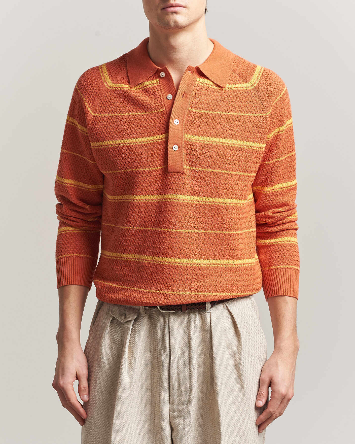 Mies | Pikeet | BEAMS PLUS | Long Sleeve Knit Polo Orange Stripe