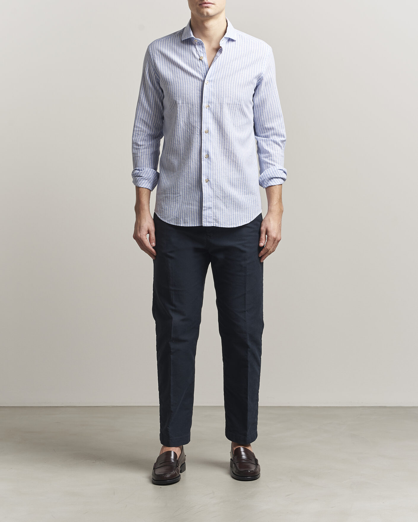 Mies | Kauluspaidat | Grigio | Washed Cotton/Linen Shirt Blue Stripe