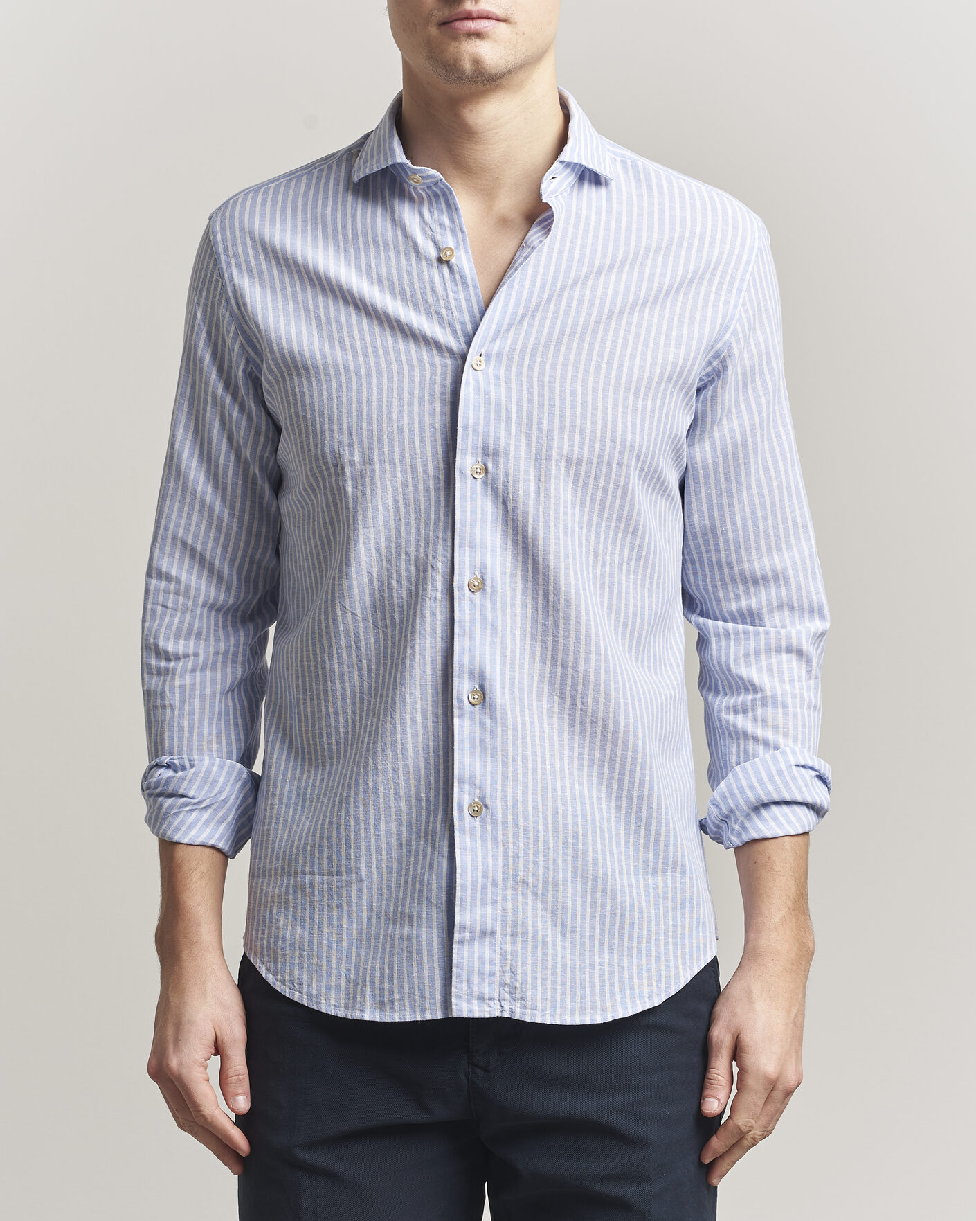 Mies | Kauluspaidat | Grigio | Washed Cotton/Linen Shirt Blue Stripe