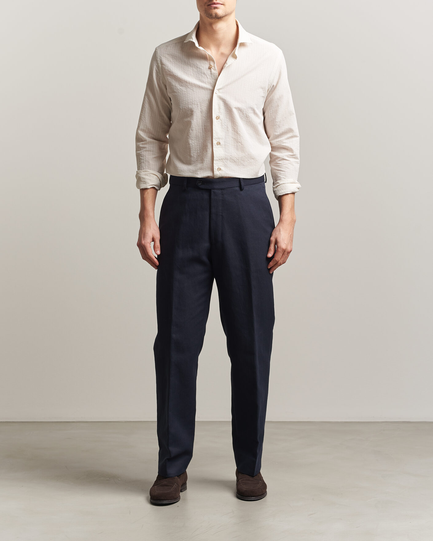 Mies | Kauluspaidat | Grigio | Cotton/Linen Seersucker Shirt Off White