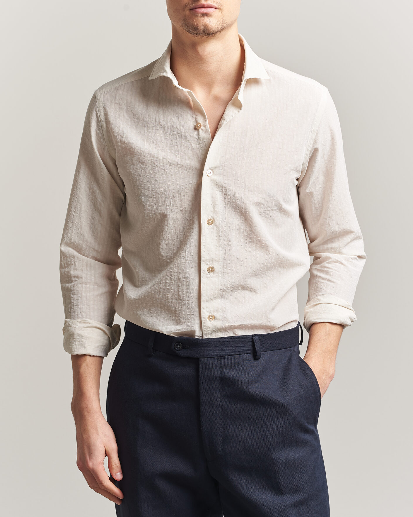 Mies | Kauluspaidat | Grigio | Cotton/Linen Seersucker Shirt Off White