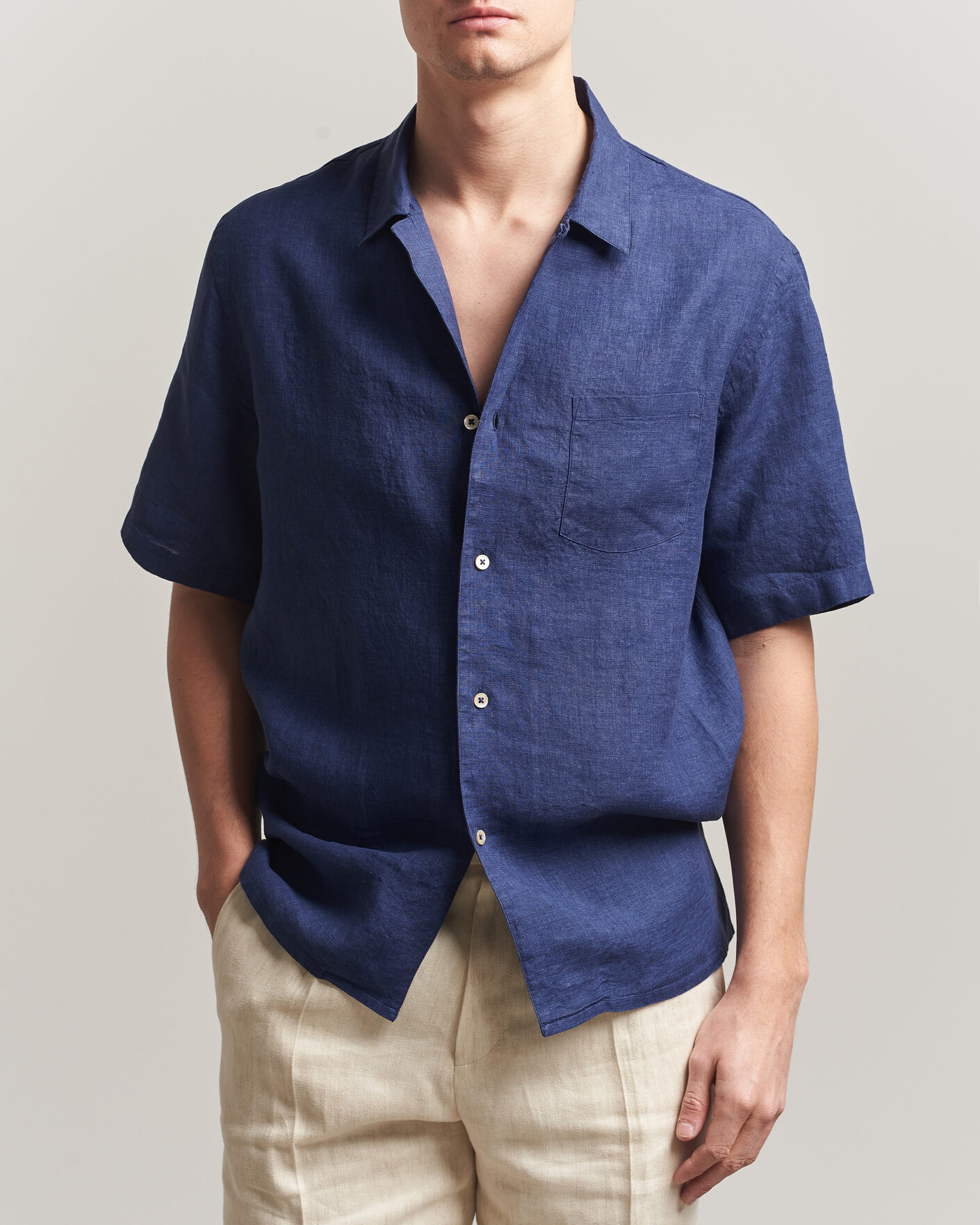 Mies | Kauluspaidat | Grigio | Linen Camp Collar Shirt Navy