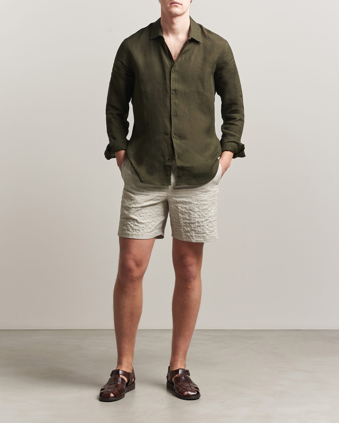 Mies | Kauluspaidat | Orlebar Brown | Giles Linen Stiched Shirt Bayleaf Green