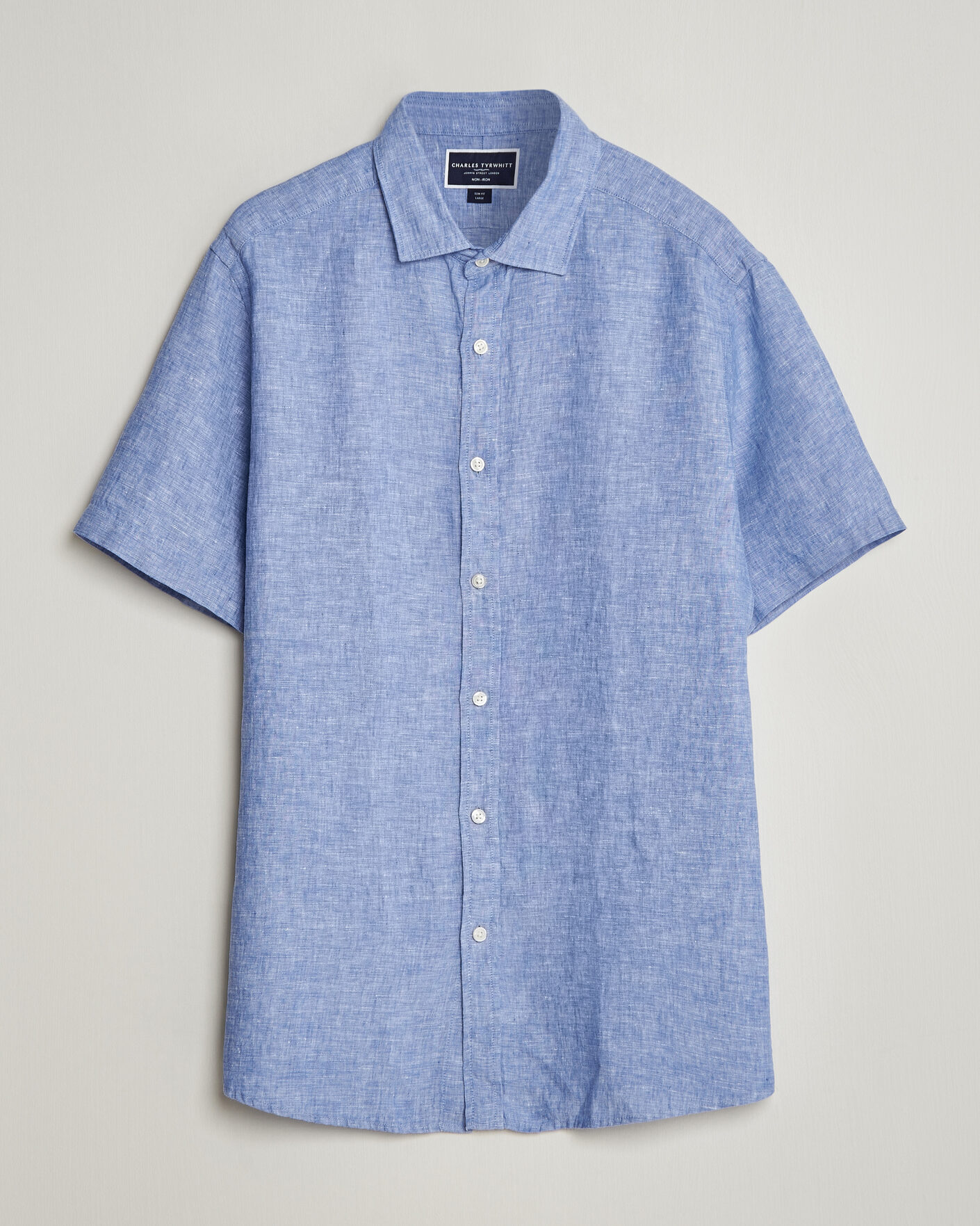 Mies | Kauluspaidat | Charles Tyrwhitt | Pure Linen Short Sleeve Slim Fit Shirt Cornflower Blue