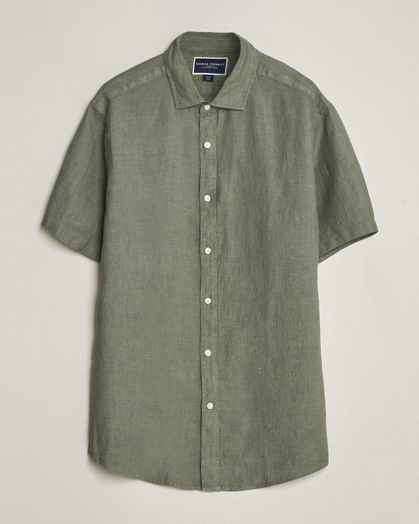 Mies | Kauluspaidat | Charles Tyrwhitt | Pure Linen Short Sleeve Slim Fit Shirt Olive