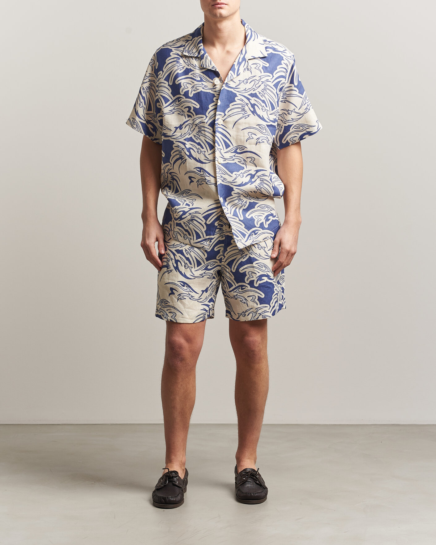 Mies | Kauluspaidat | OAS | Cuba Short Sleeve Printed Linen Shirt Rouge Blue