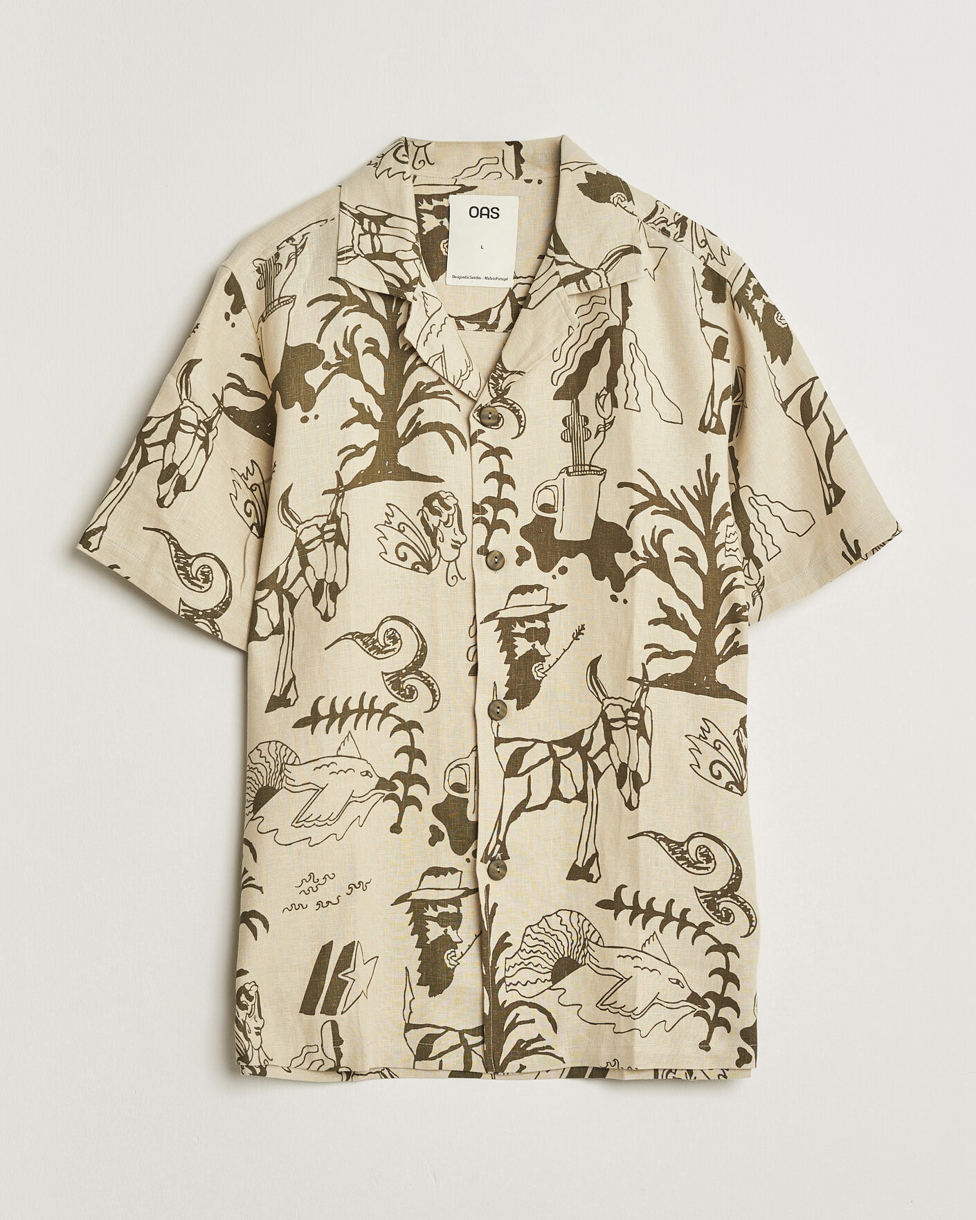 Mies | Kauluspaidat | OAS | Cuba Short Sleeve Printed Linen Shirt Poplan