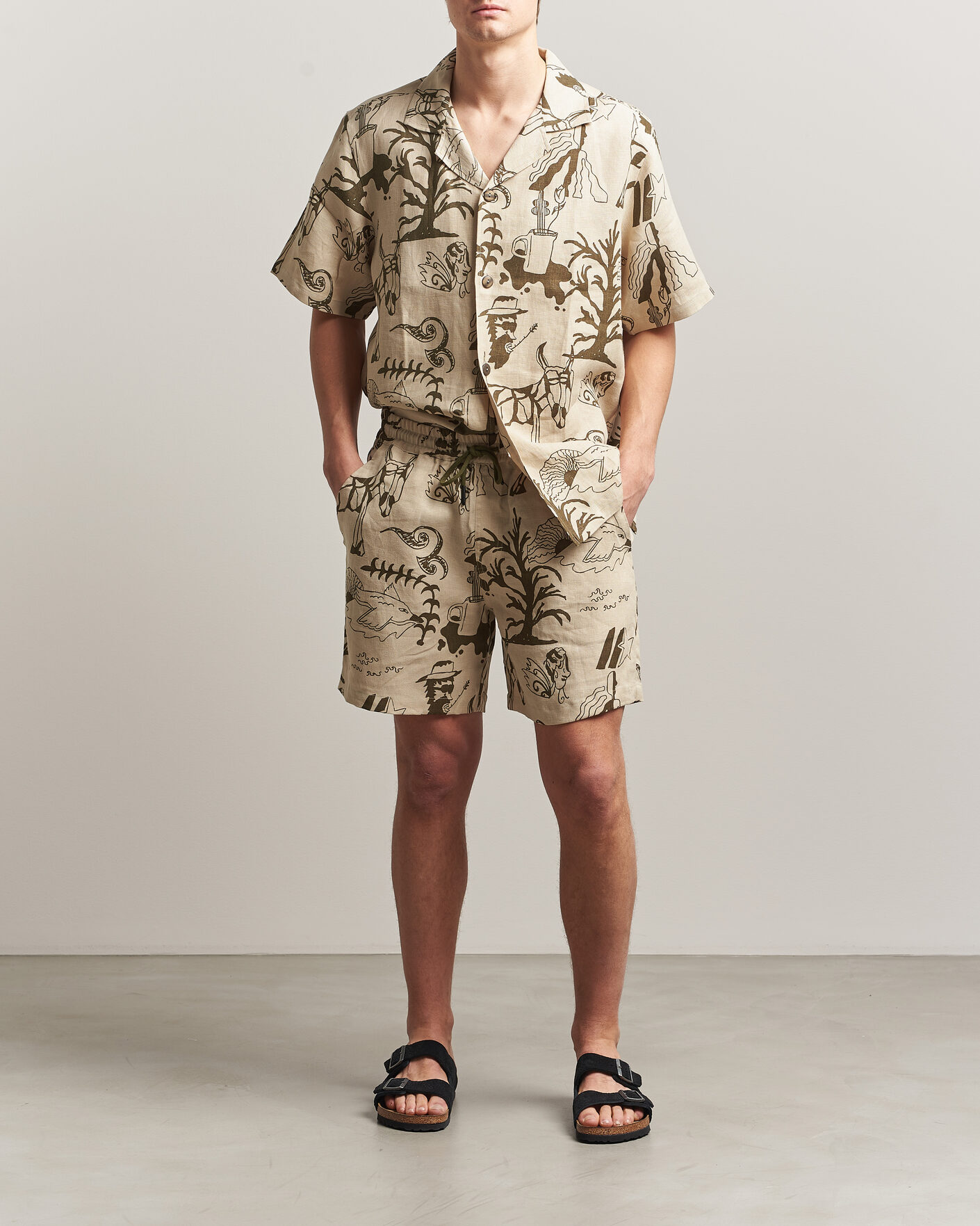 Mies | Kauluspaidat | OAS | Cuba Short Sleeve Printed Linen Shirt Poplan