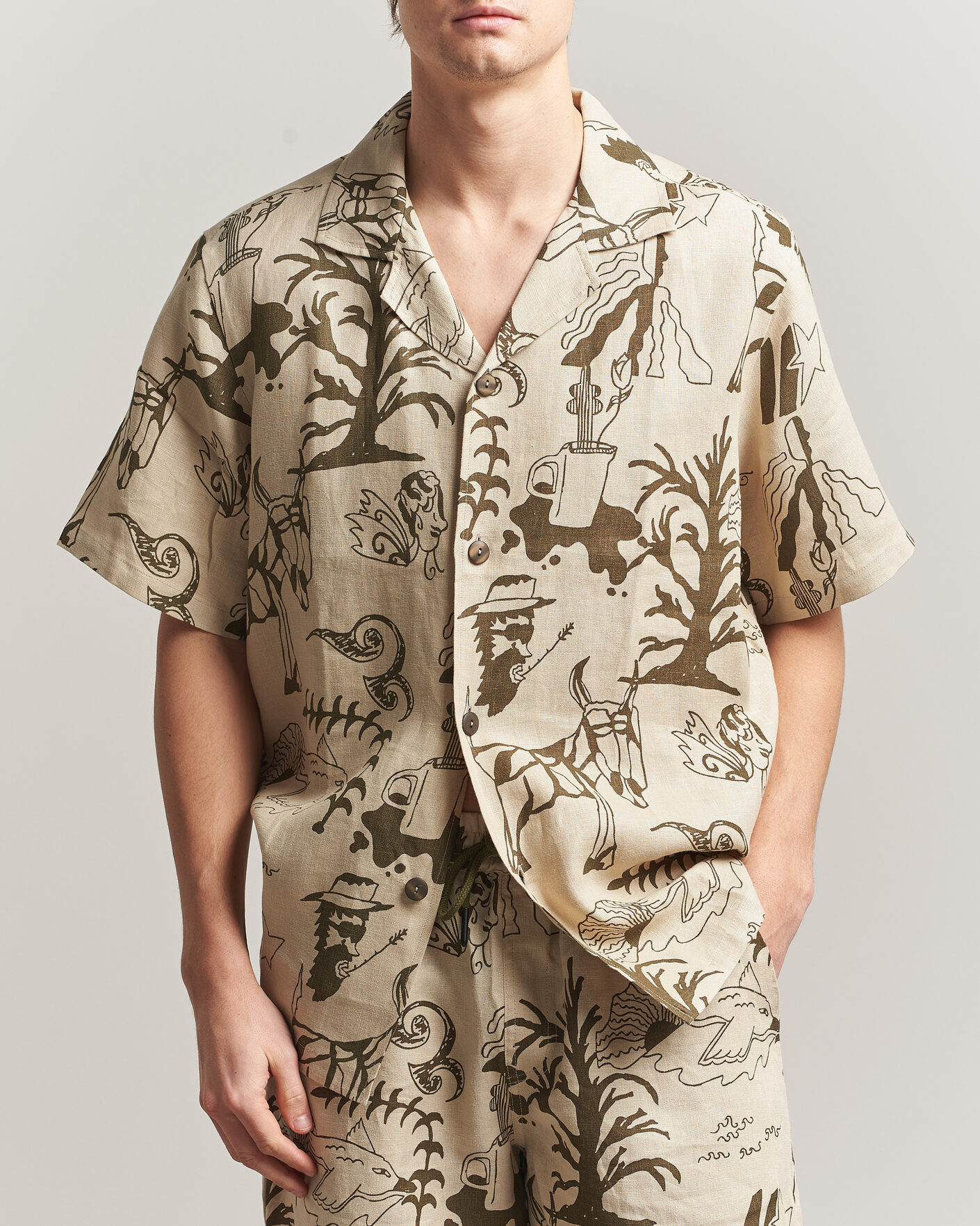 Mies | Kauluspaidat | OAS | Cuba Short Sleeve Printed Linen Shirt Poplan