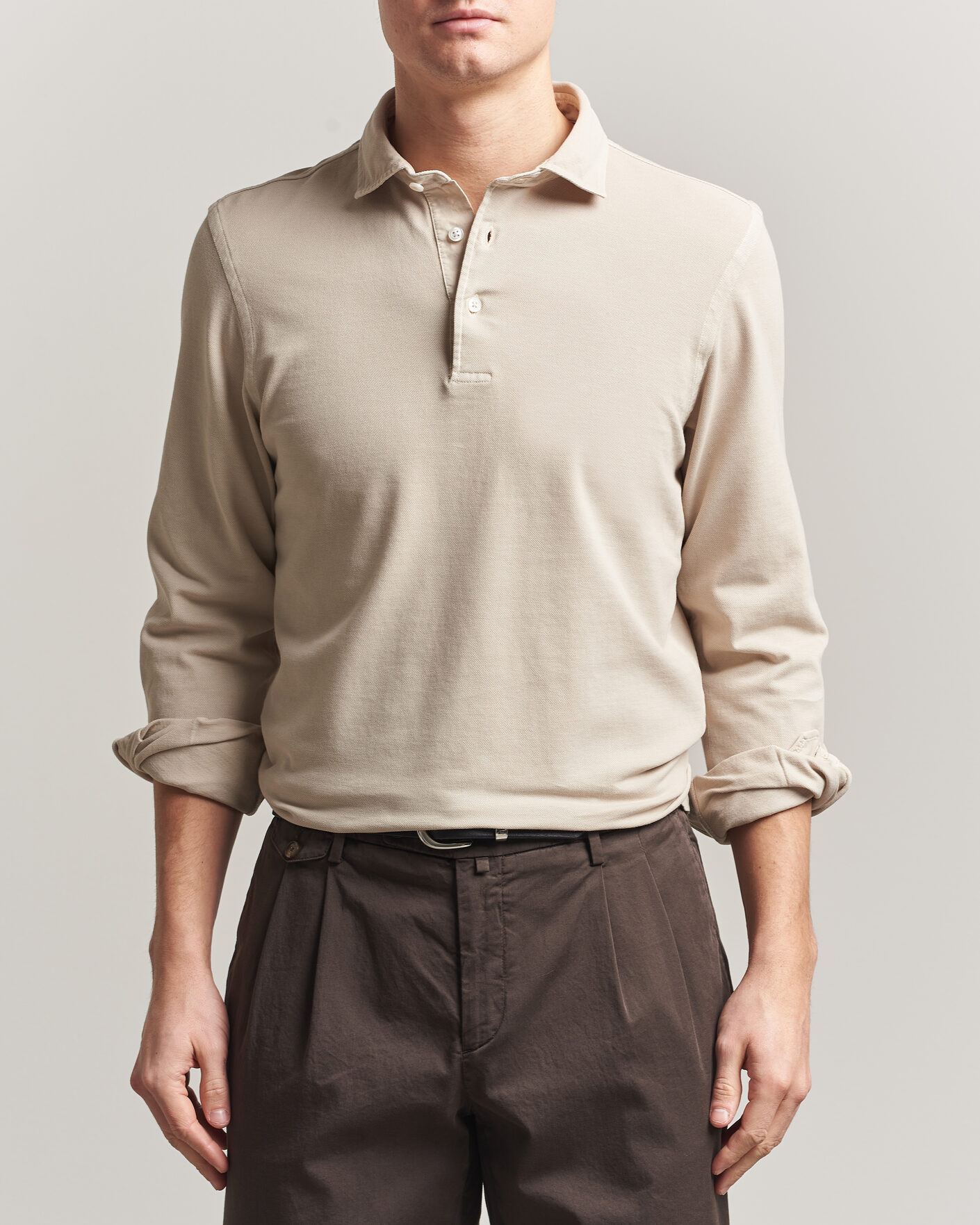 Mies | Pikeet | Gran Sasso | Washed Long Sleeve Polo Beige Melange