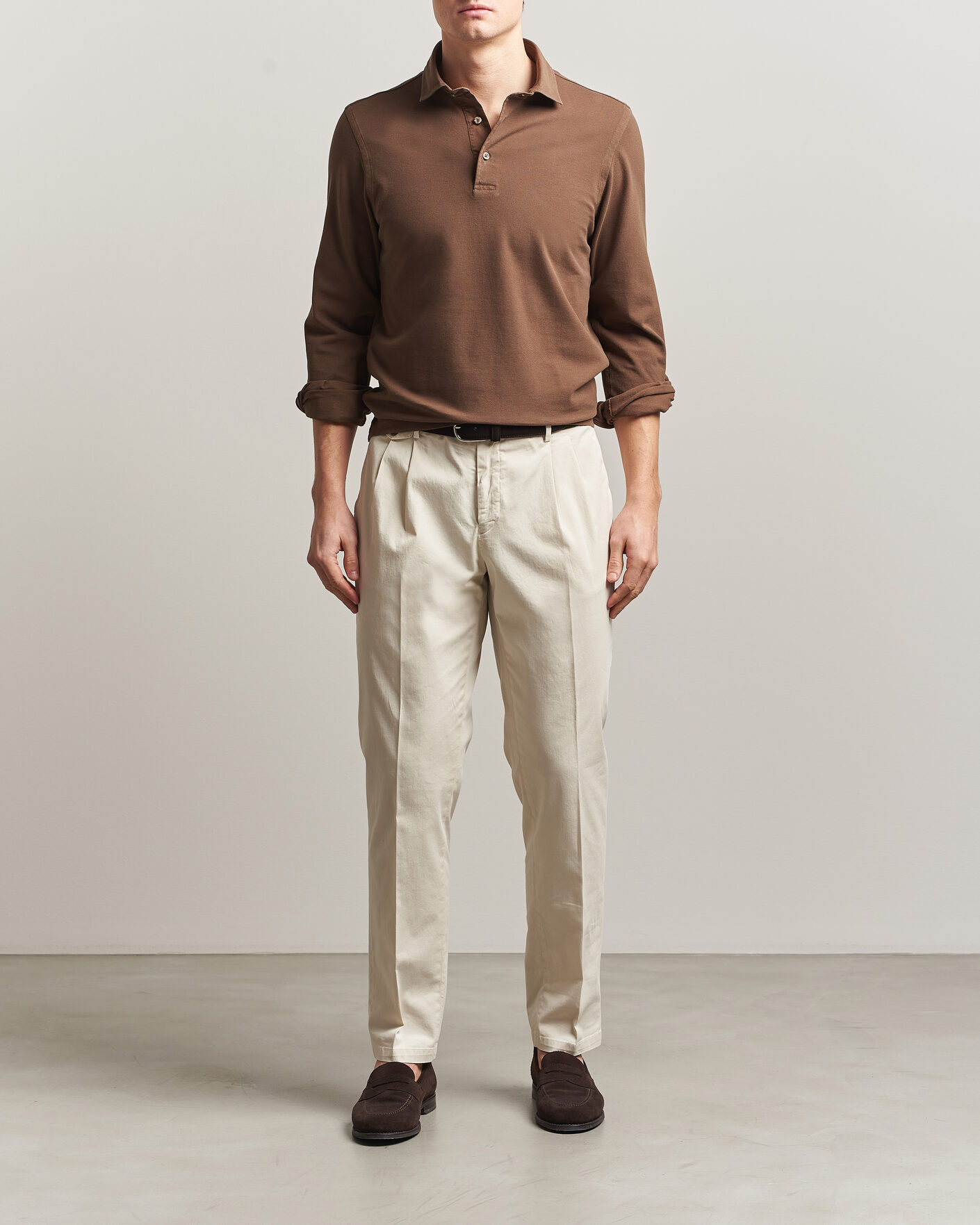 Mies | Pikeet | Gran Sasso | Washed Long Sleeve Polo Brown
