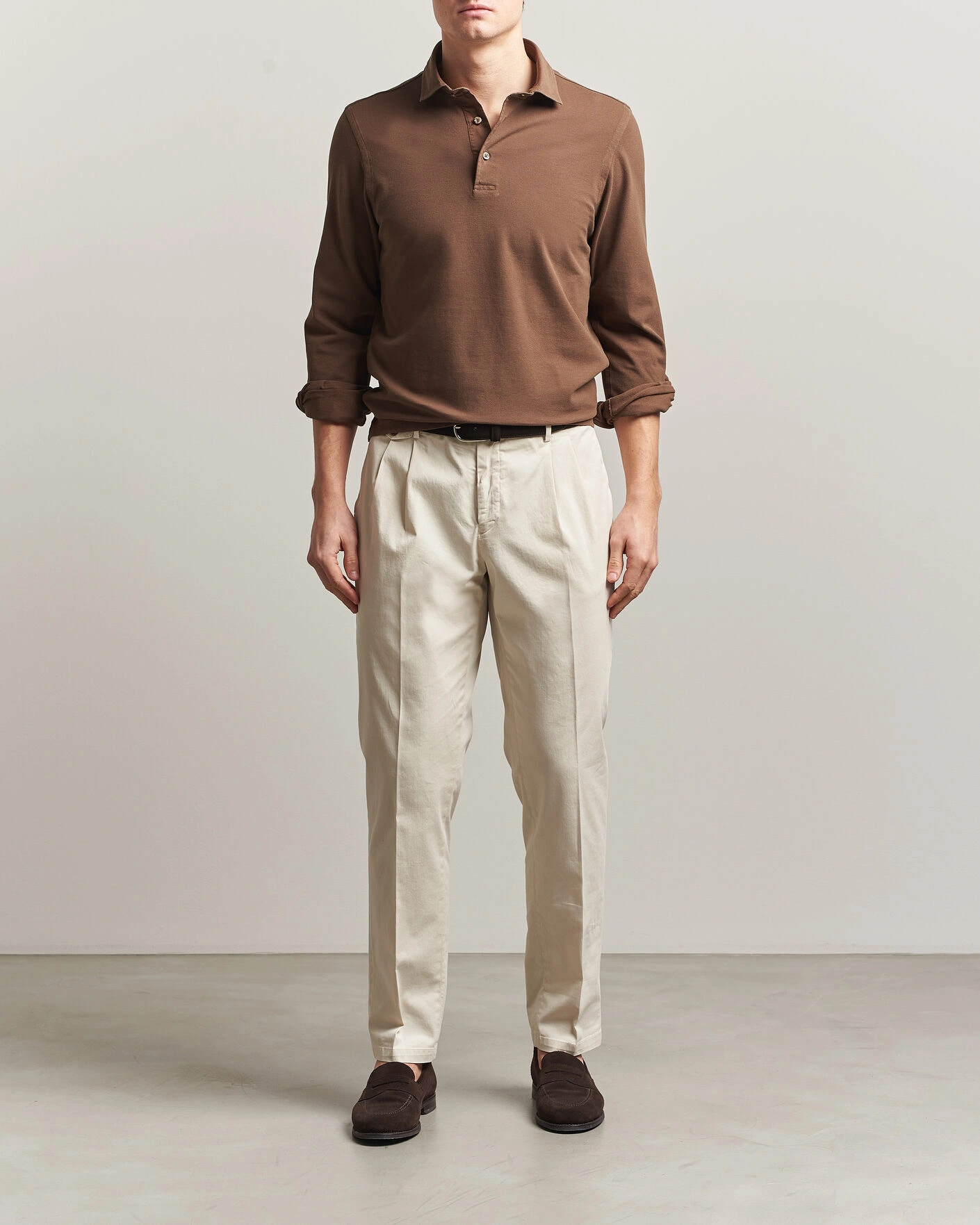 Mies | Pikeet | Gran Sasso | Washed Long Sleeve Polo Brown