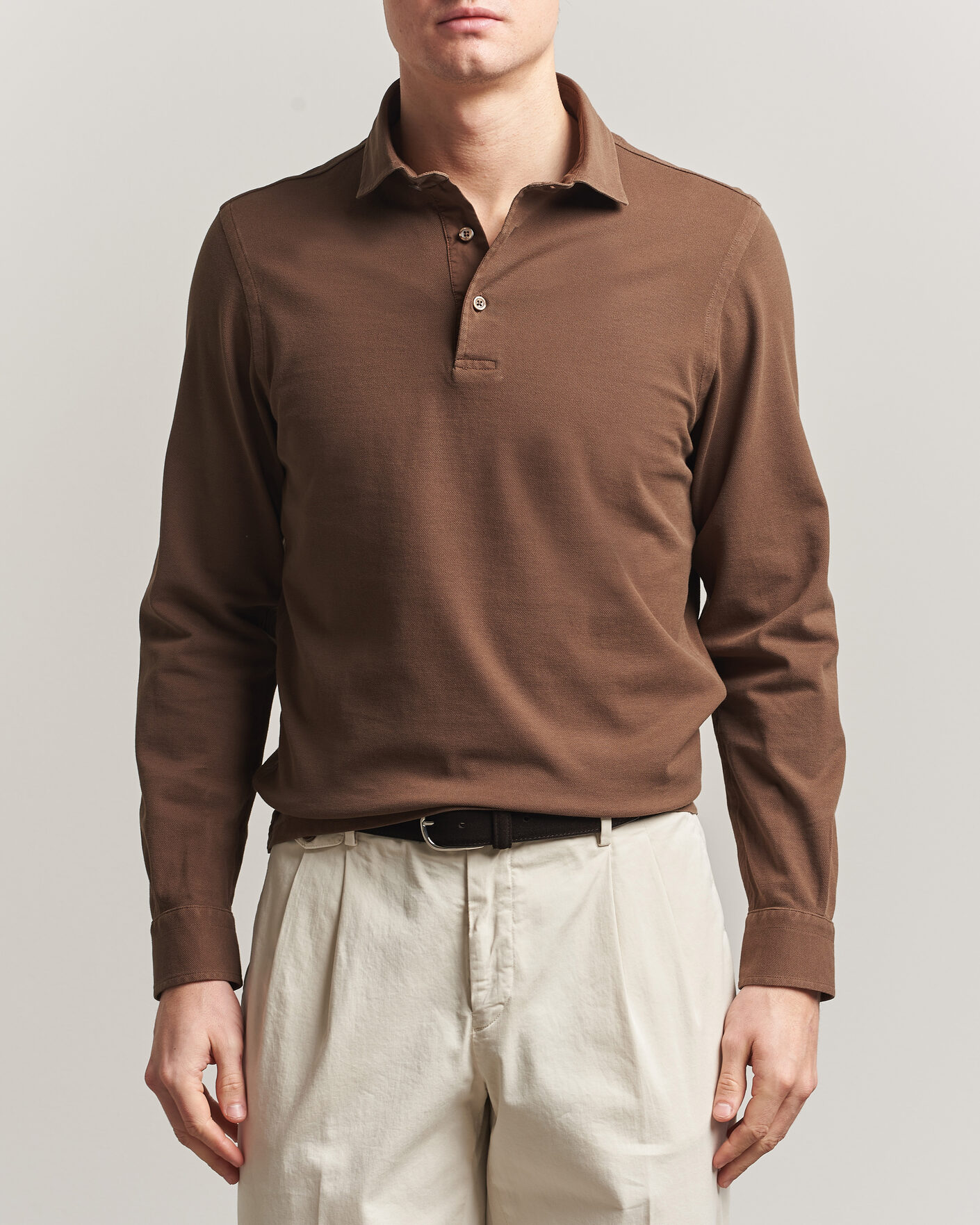 Mies | Pikeet | Gran Sasso | Washed Long Sleeve Polo Brown