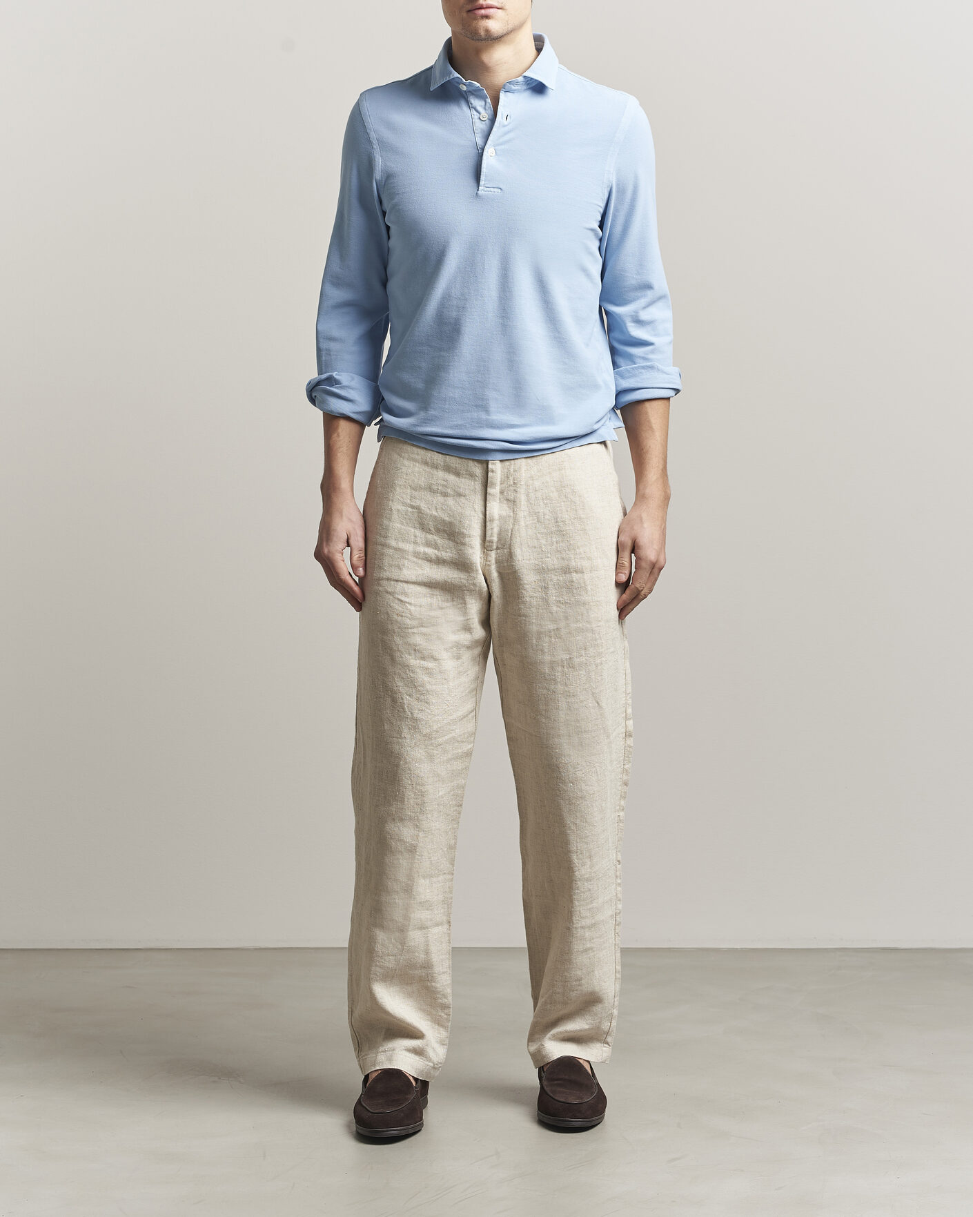 Mies | Pikeet | Gran Sasso | Washed Long Sleeve Polo Light Blue