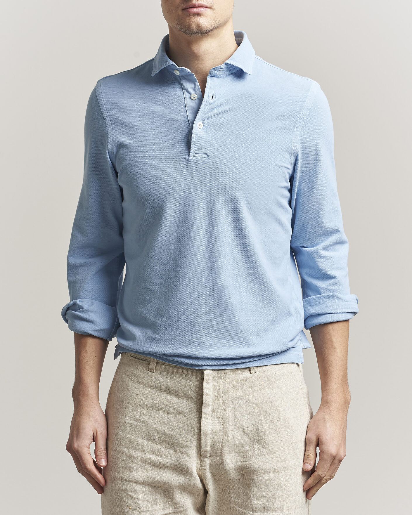 Mies | Pikeet | Gran Sasso | Washed Long Sleeve Polo Light Blue