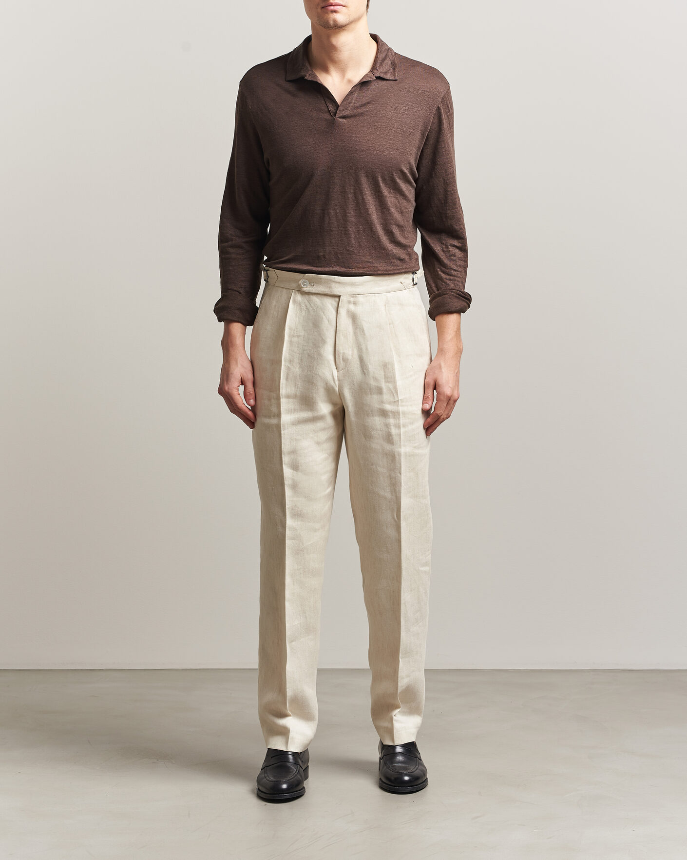 Mies | Pikeet | Gran Sasso | Washed Linen Long Sleeve Polo Brown Melange