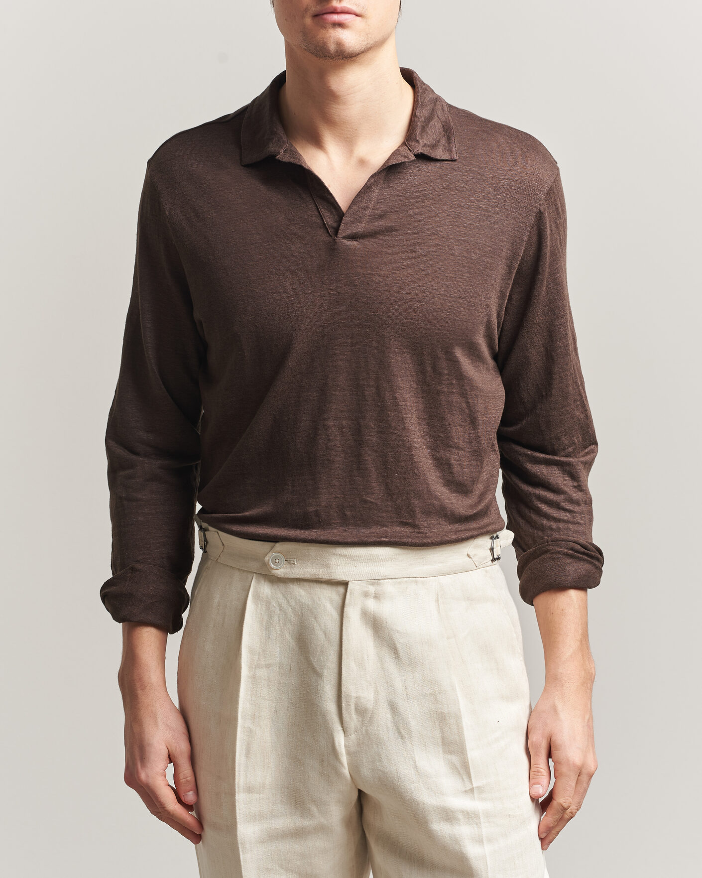 Mies | Pikeet | Gran Sasso | Washed Linen Long Sleeve Polo Brown Melange