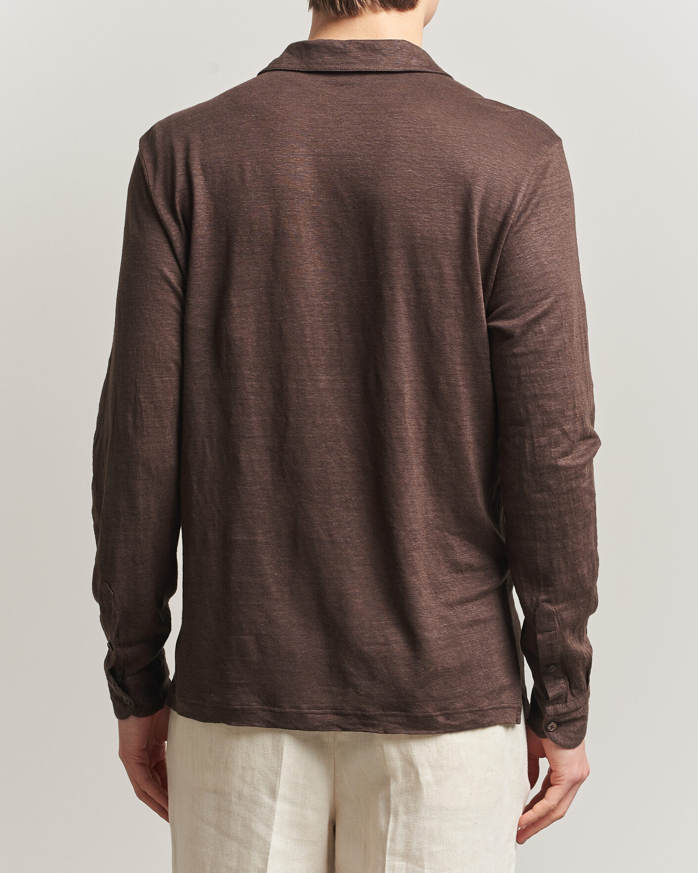 Mies | Pikeet | Gran Sasso | Washed Linen Long Sleeve Polo Brown Melange