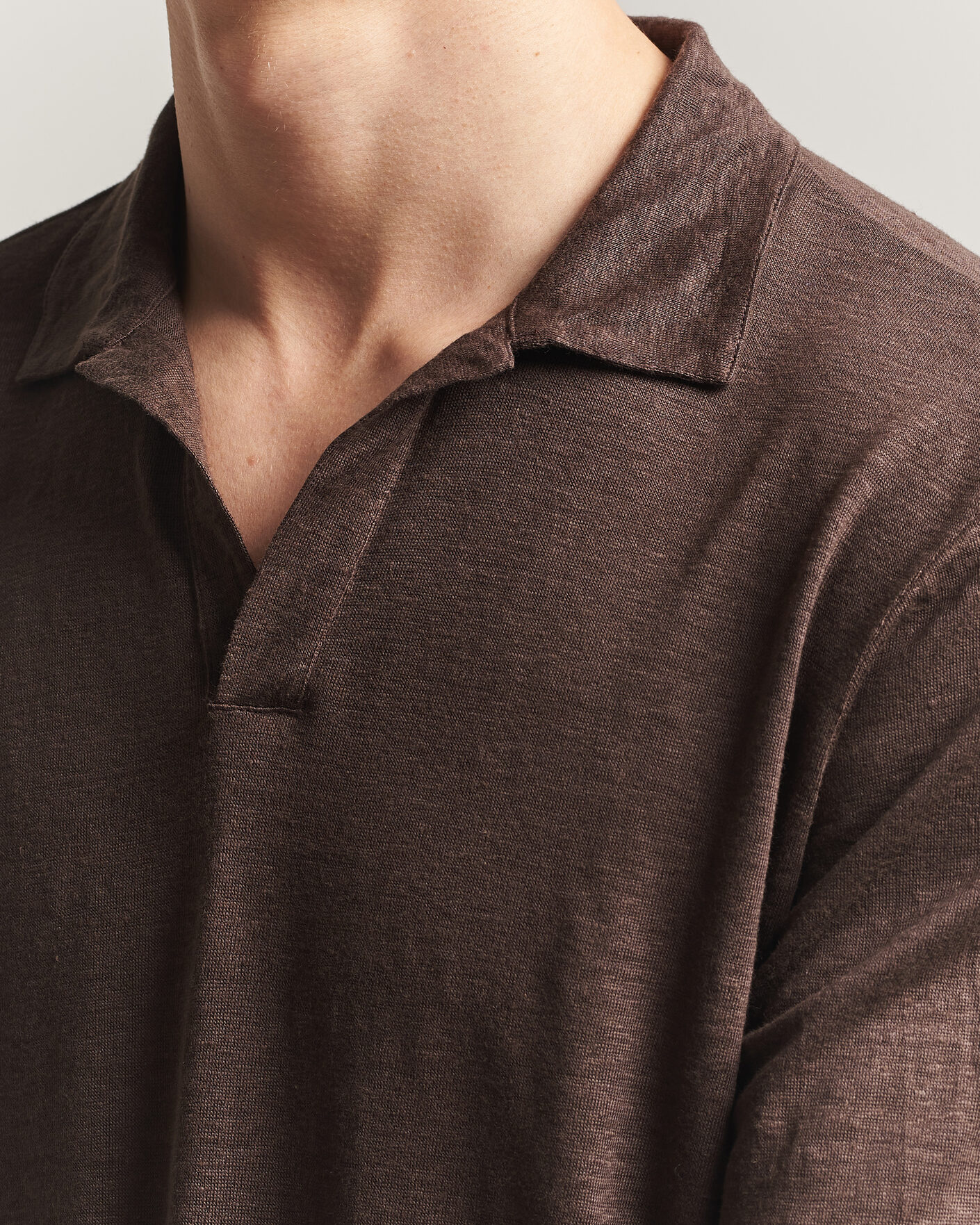 Mies | Pikeet | Gran Sasso | Washed Linen Long Sleeve Polo Brown Melange