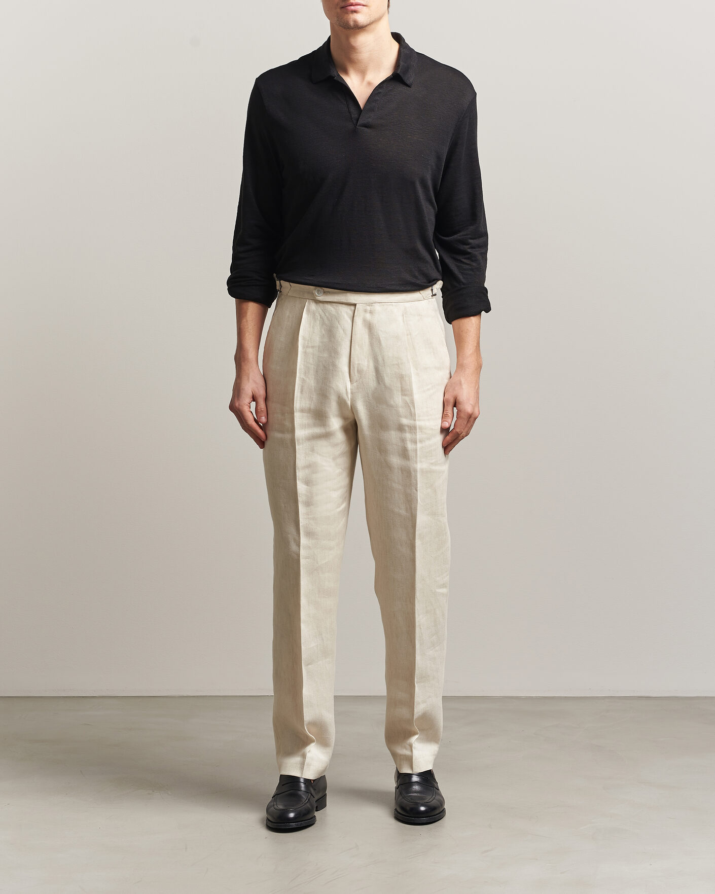 Mies | Pikeet | Gran Sasso | Washed Linen Long Sleeve Polo Black