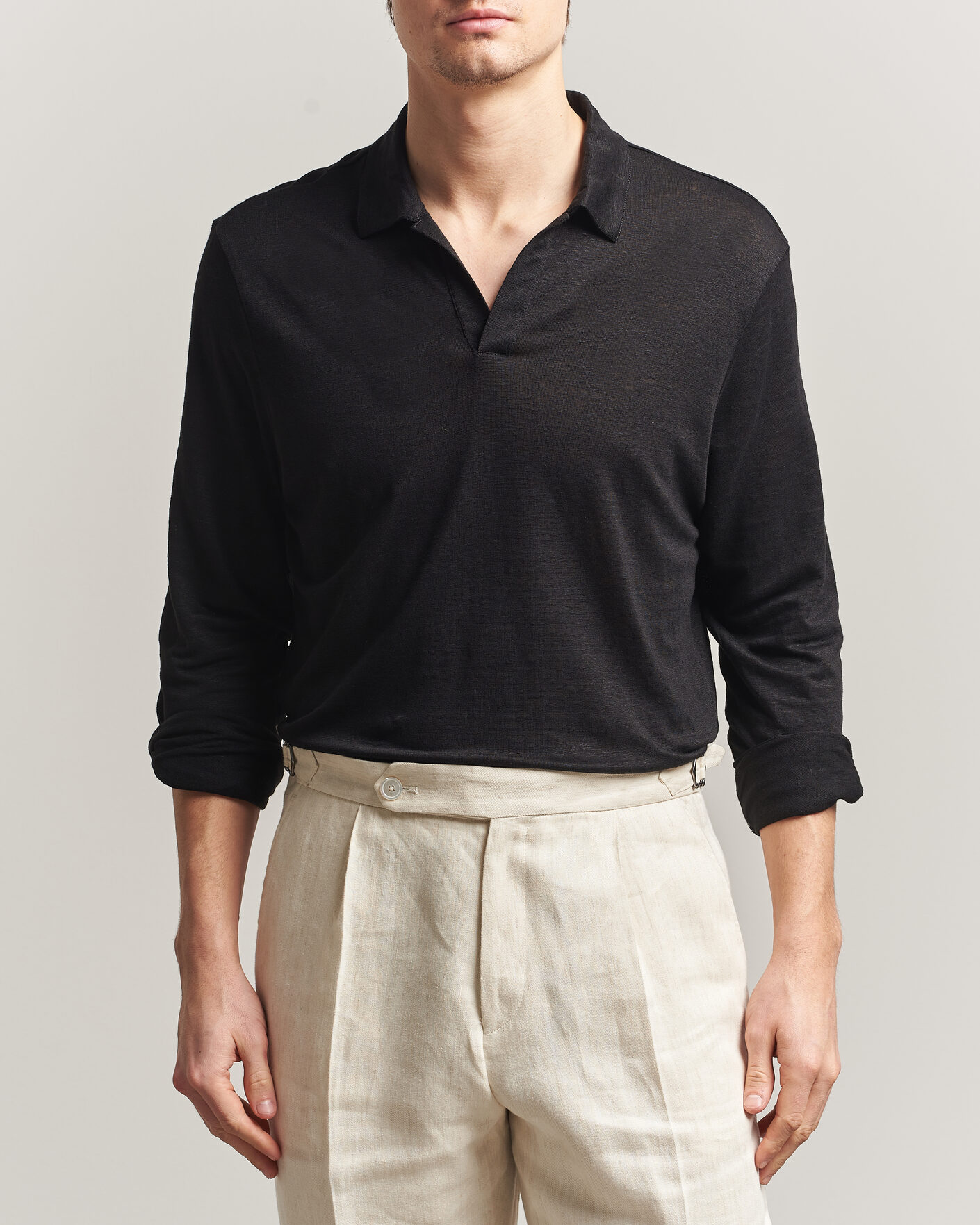 Mies | Pikeet | Gran Sasso | Washed Linen Long Sleeve Polo Black