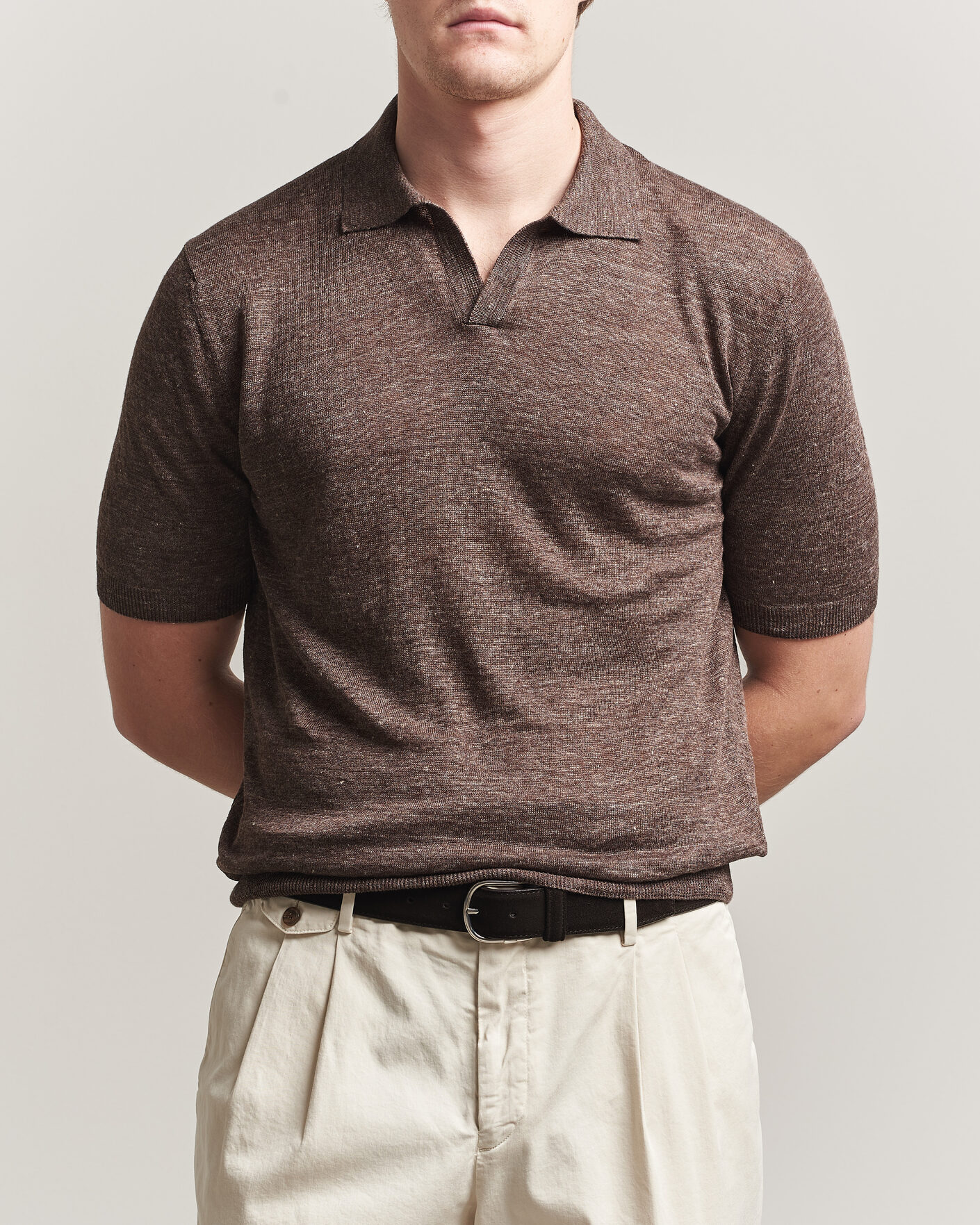 Mies | Pikeet | Gran Sasso | Washed Knitted Linen Polo Brown Melange