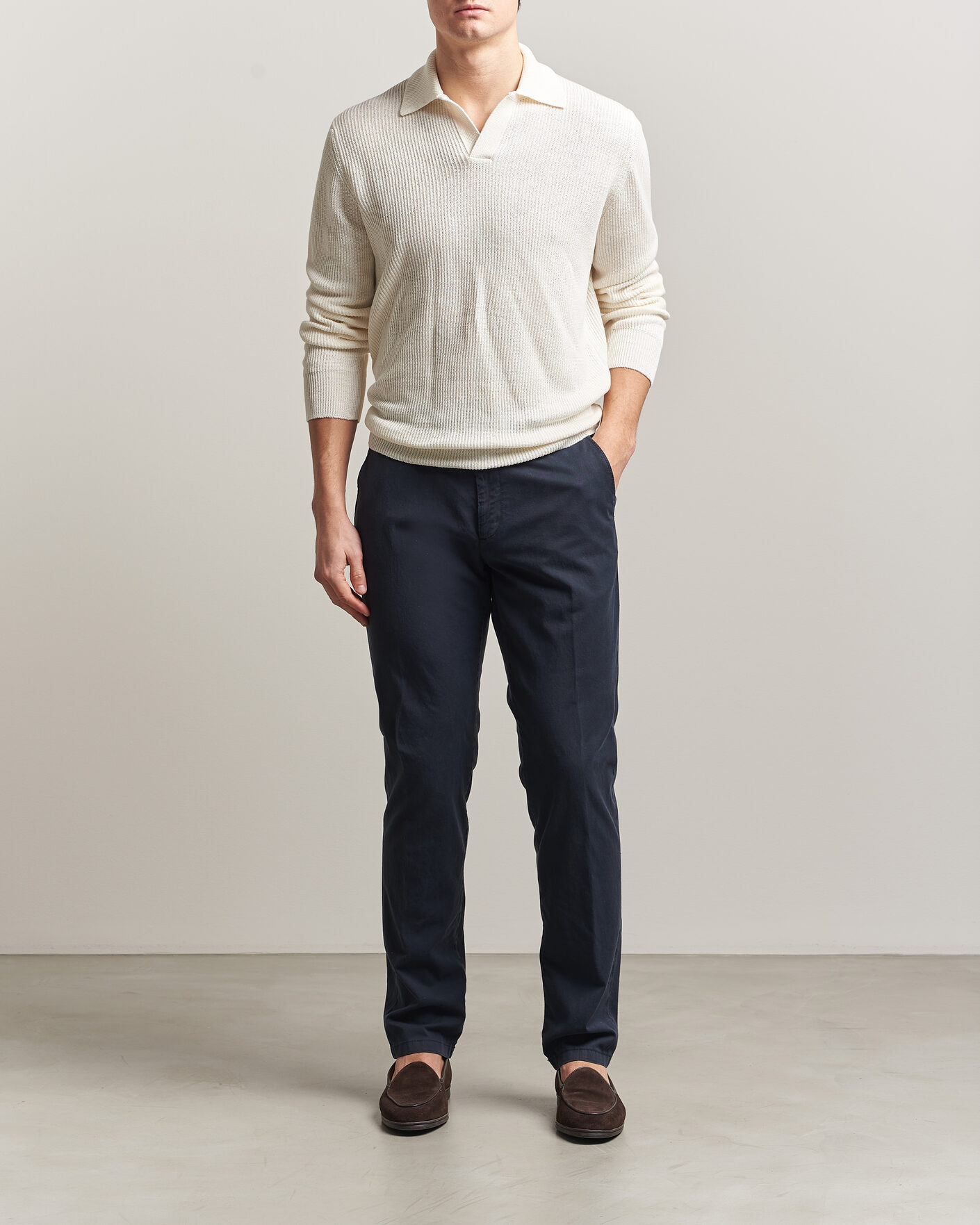 Mies | Puserot | Gran Sasso | Linen/Cotton Open Collar Knitted Polo Cream