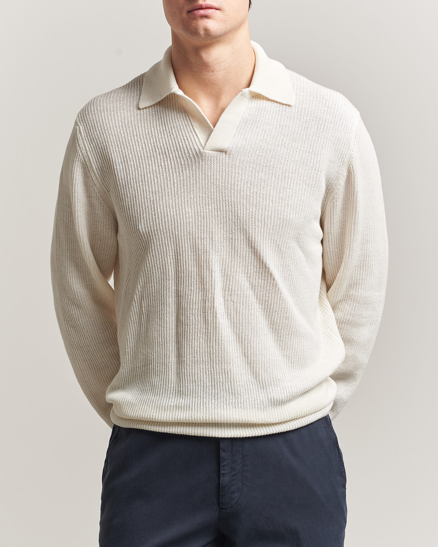 Mies | Puserot | Gran Sasso | Linen/Cotton Open Collar Knitted Polo Cream