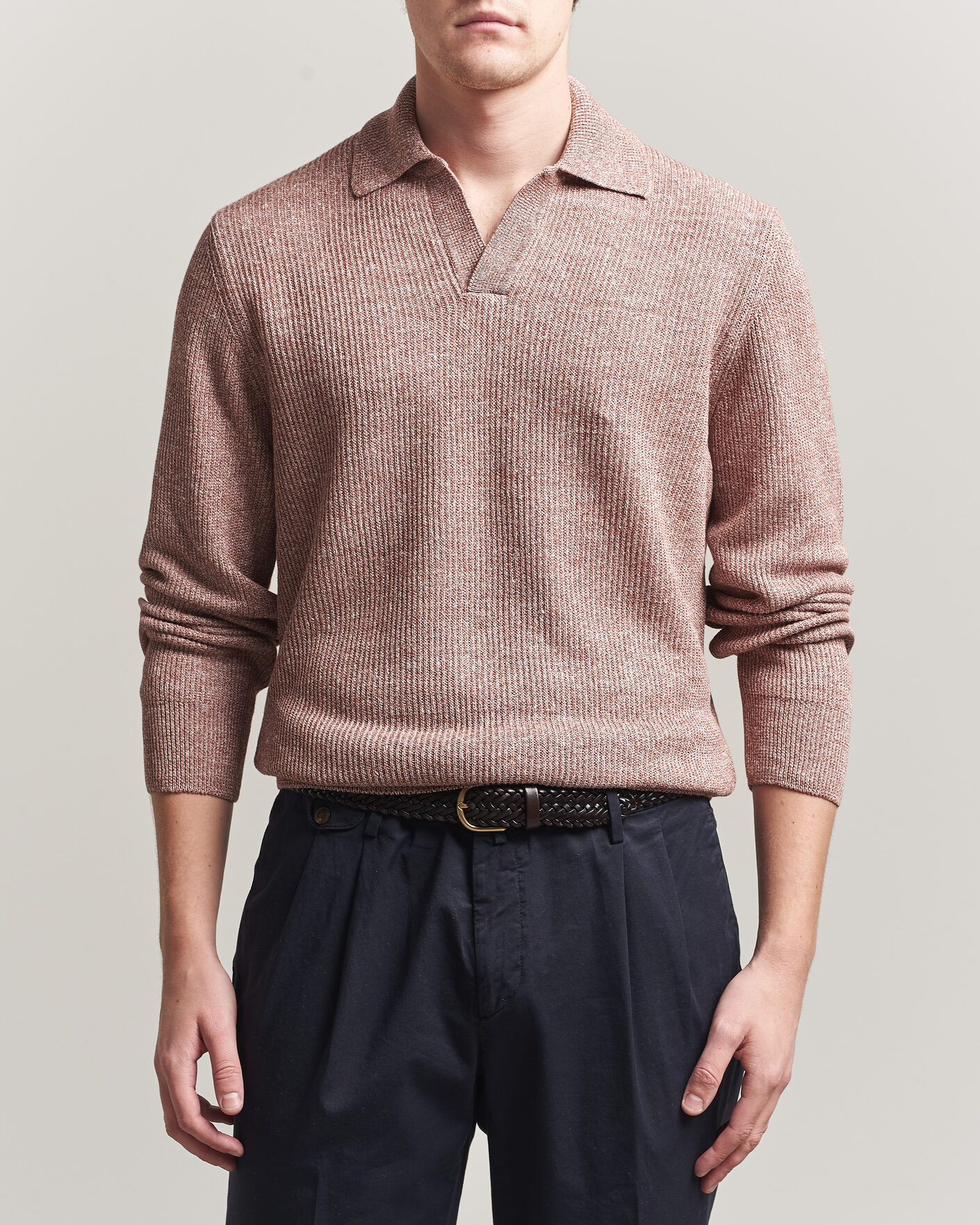 Mies | Puserot | Gran Sasso | Linen/Cotton Open Collar Knitted Polo Rust Melange