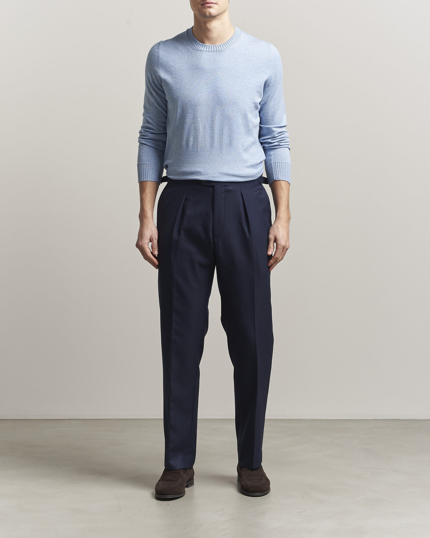 Mies | Puserot | Gran Sasso | Cotton/Cashmere Knitted Crew Neck Sweater Blue Melange