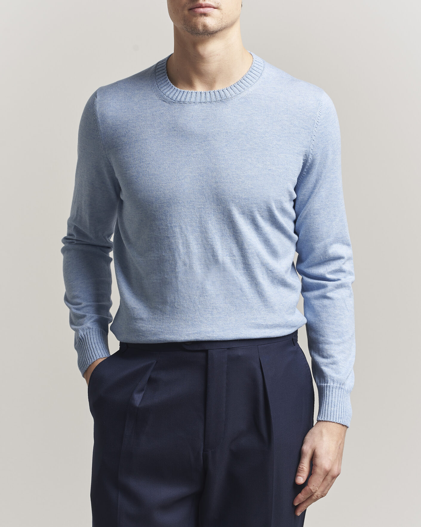 Mies | Puserot | Gran Sasso | Cotton/Cashmere Knitted Crew Neck Sweater Blue Melange