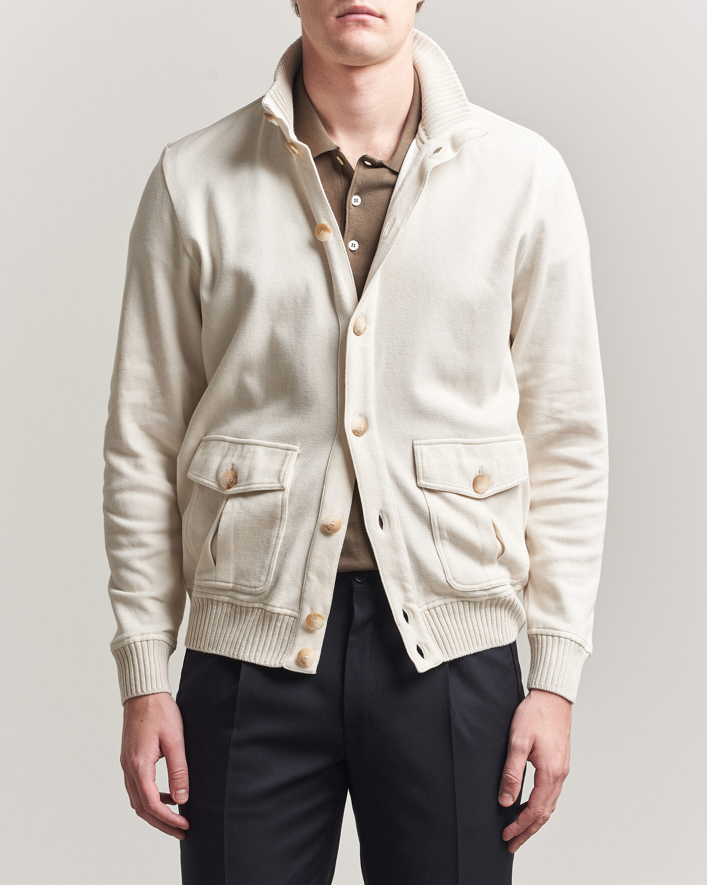 Mies | Takit | Gran Sasso | Cotton Pocket Knitted Bomber Jacket Cream