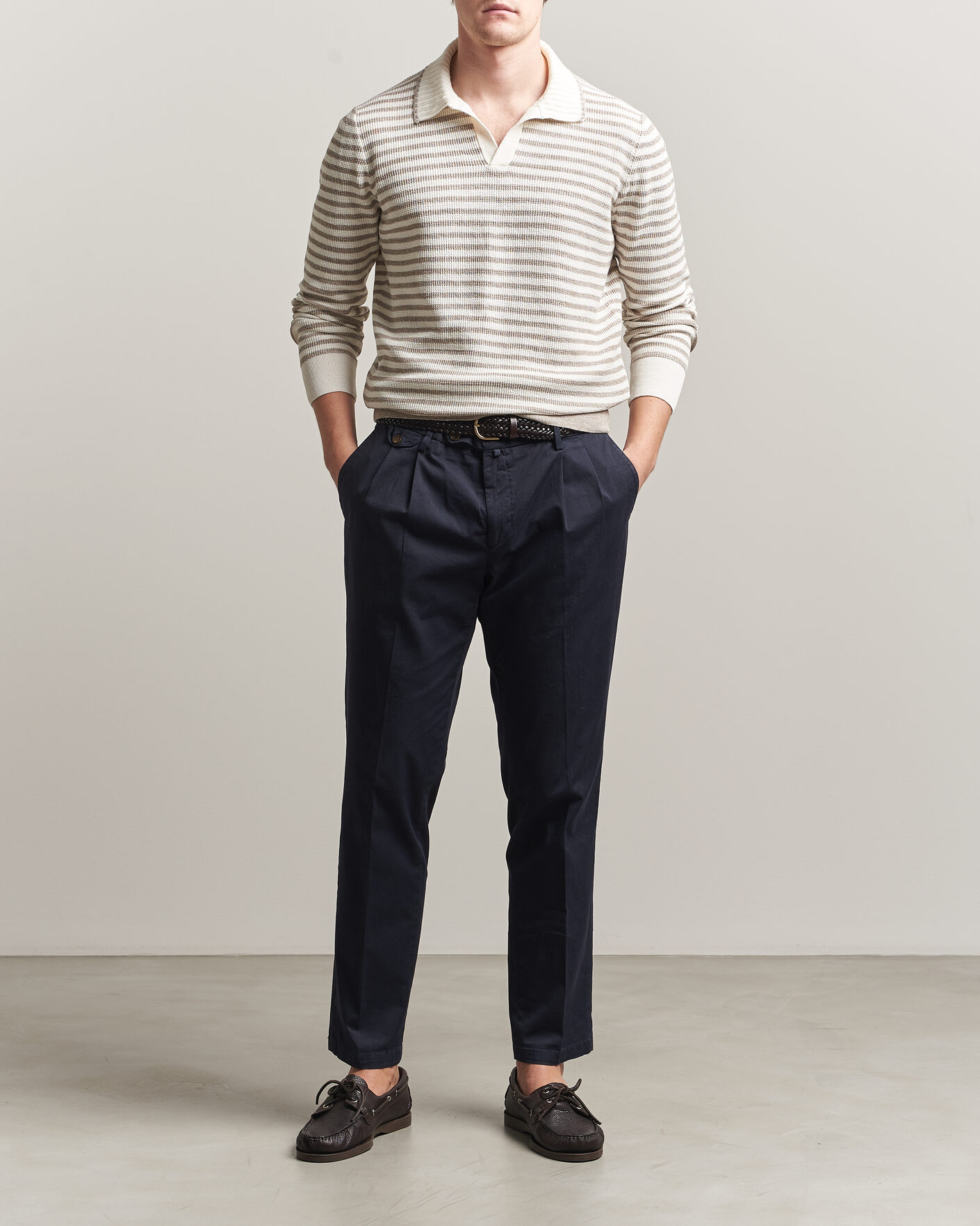 Mies | Puserot | Gran Sasso | Linen/Cotton Knitted Striped Polo Beige/White
