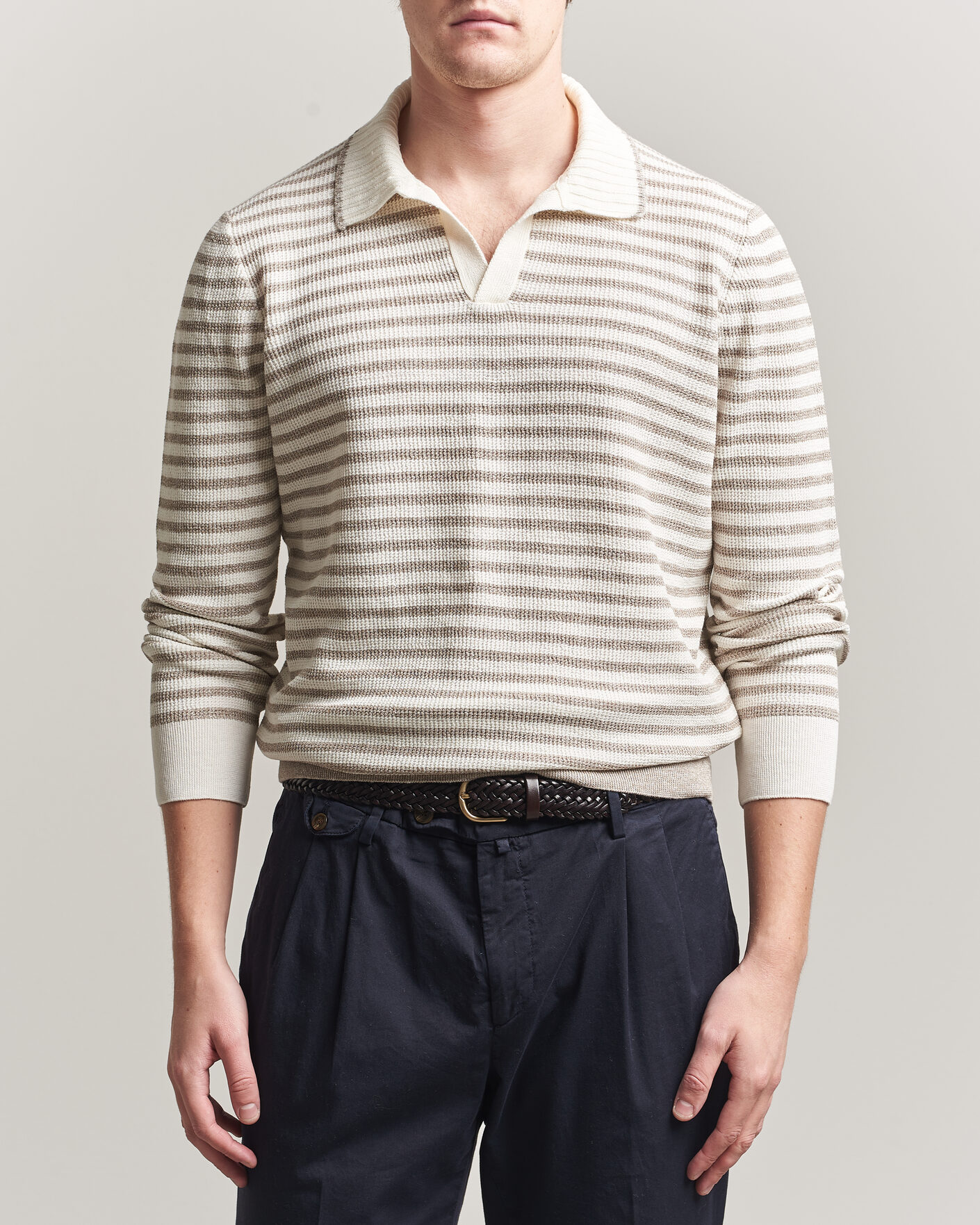 Mies | Puserot | Gran Sasso | Linen/Cotton Knitted Striped Polo Beige/White