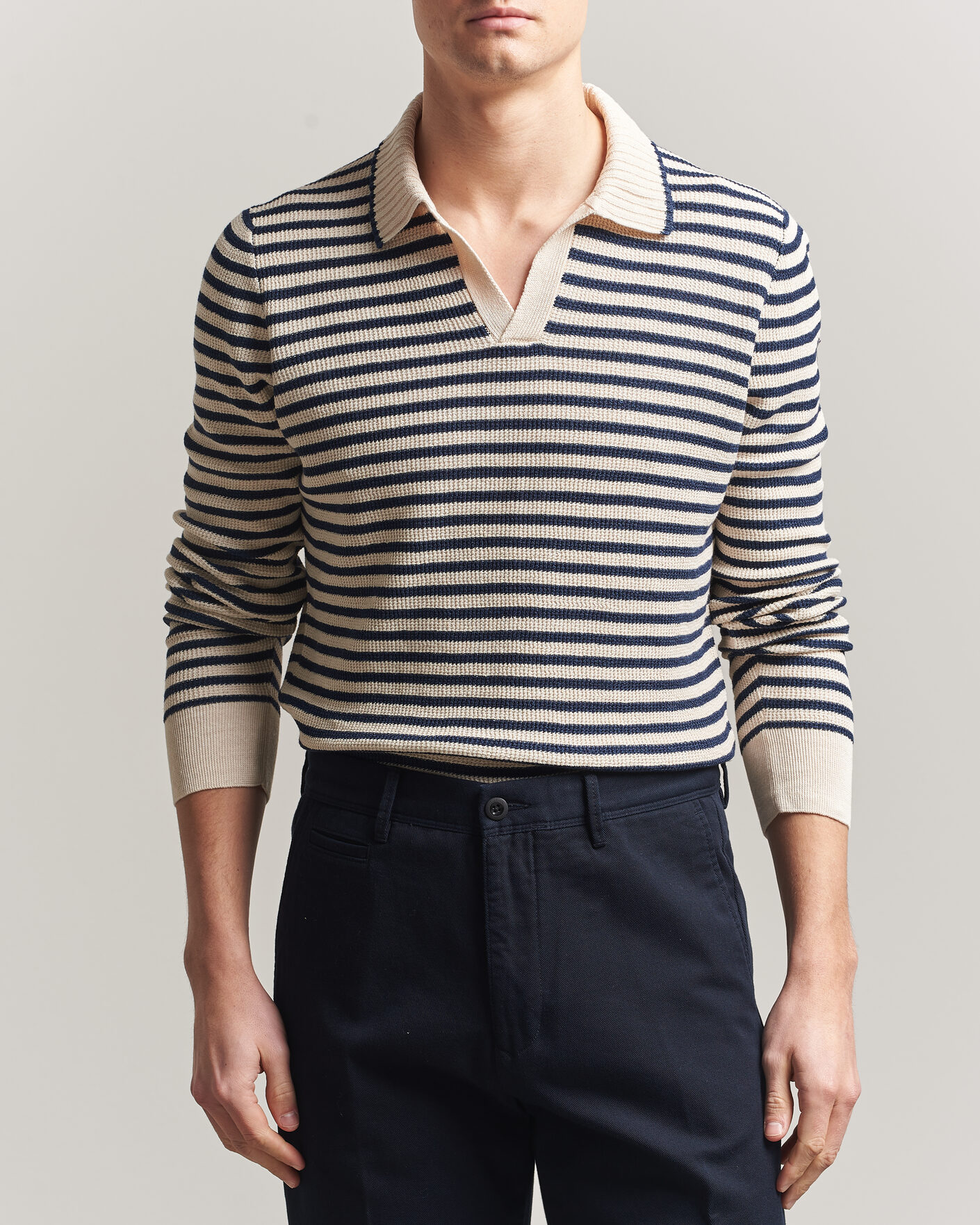 Mies | Puserot | Gran Sasso | Linen/Cotton Knitted Striped Polo Navy/White