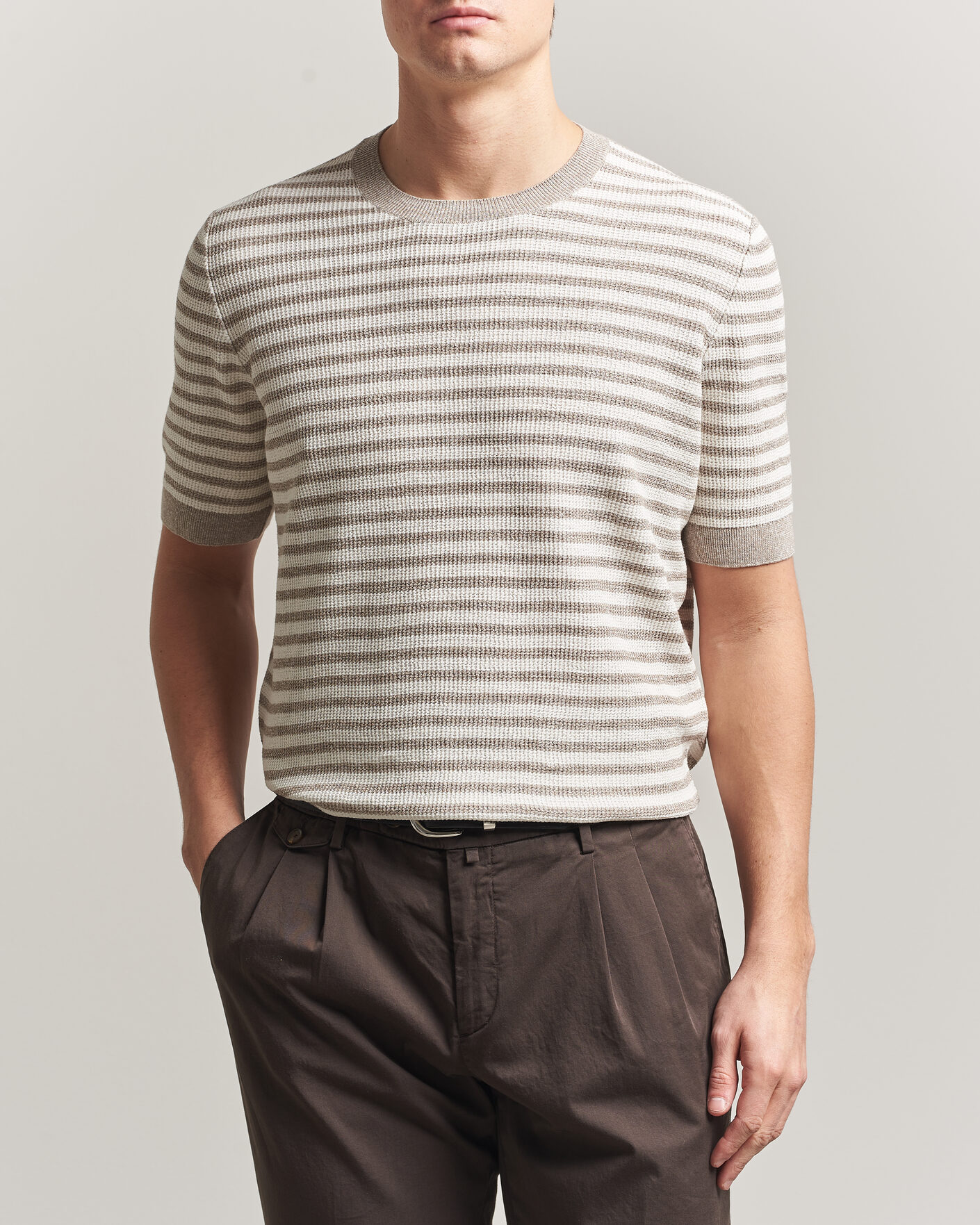 Mies | T-paidat | Gran Sasso | Linen/Cotton Knitted Striped T-Shirt Beige/White
