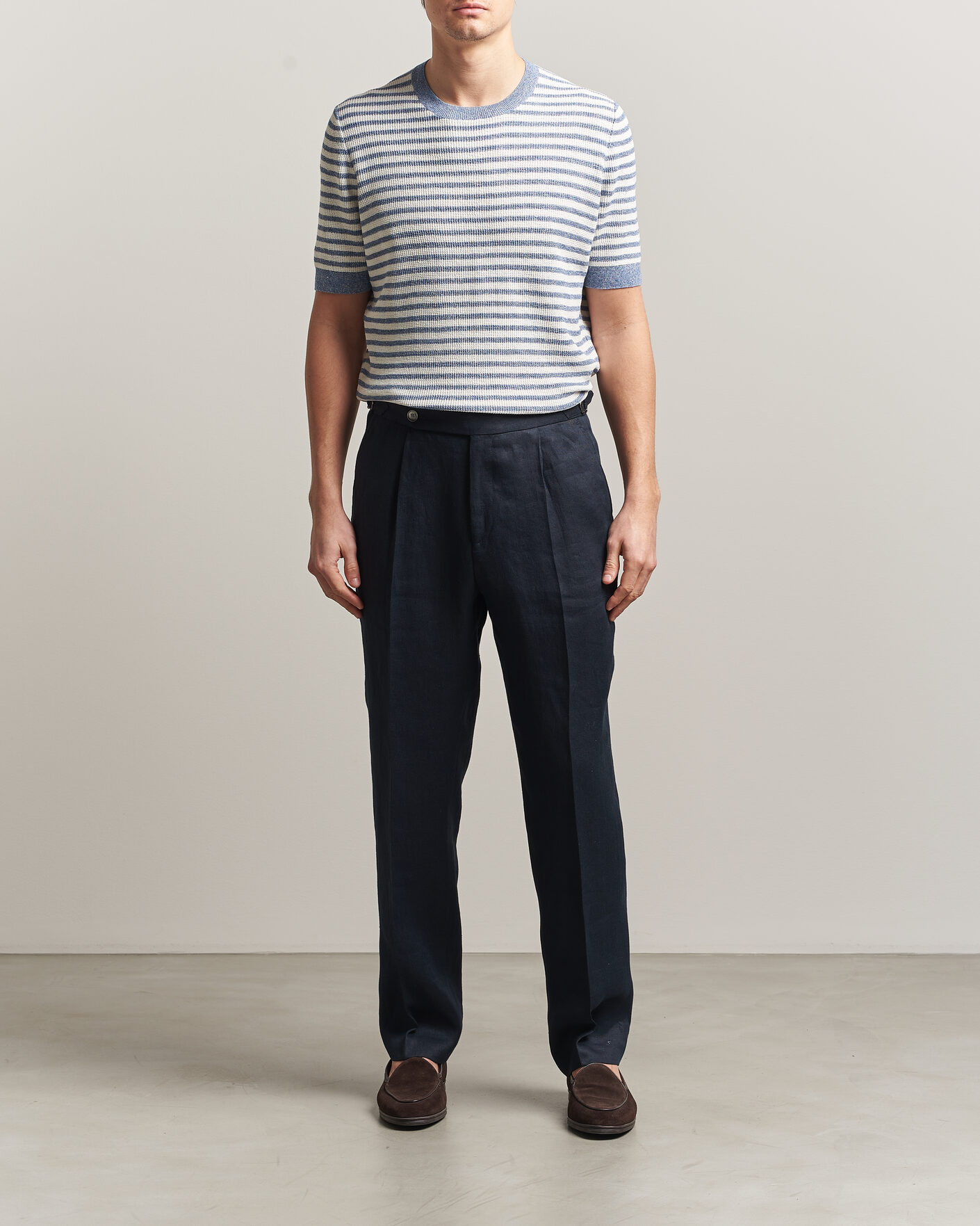 Mies | T-paidat | Gran Sasso | Linen/Cotton Knitted Striped T-Shirt Blue/White
