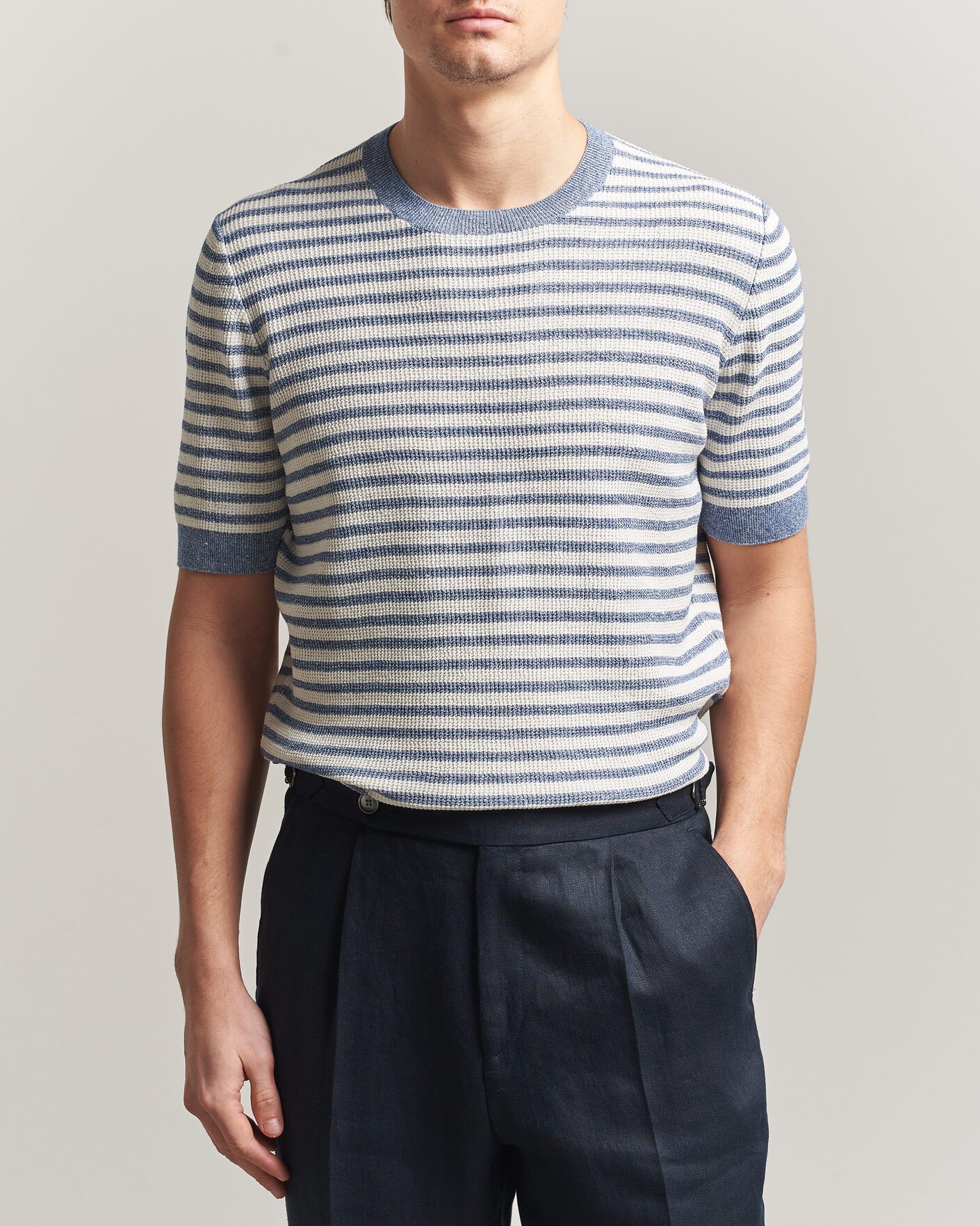 Mies | T-paidat | Gran Sasso | Linen/Cotton Knitted Striped T-Shirt Blue/White
