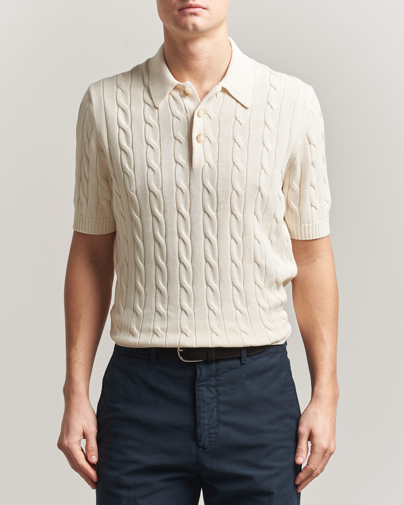 Mies | Pikeet | Gran Sasso | Cotton Cable Knitted Polo Cream