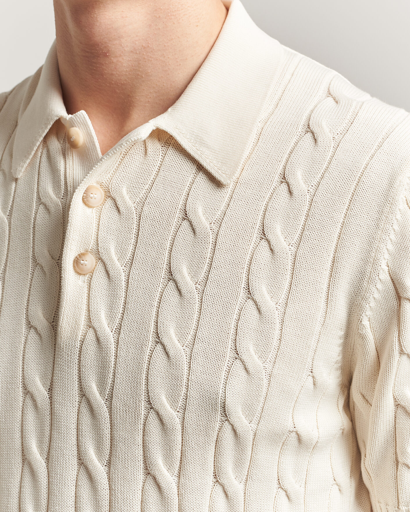 Mies | Pikeet | Gran Sasso | Cotton Cable Knitted Polo Cream