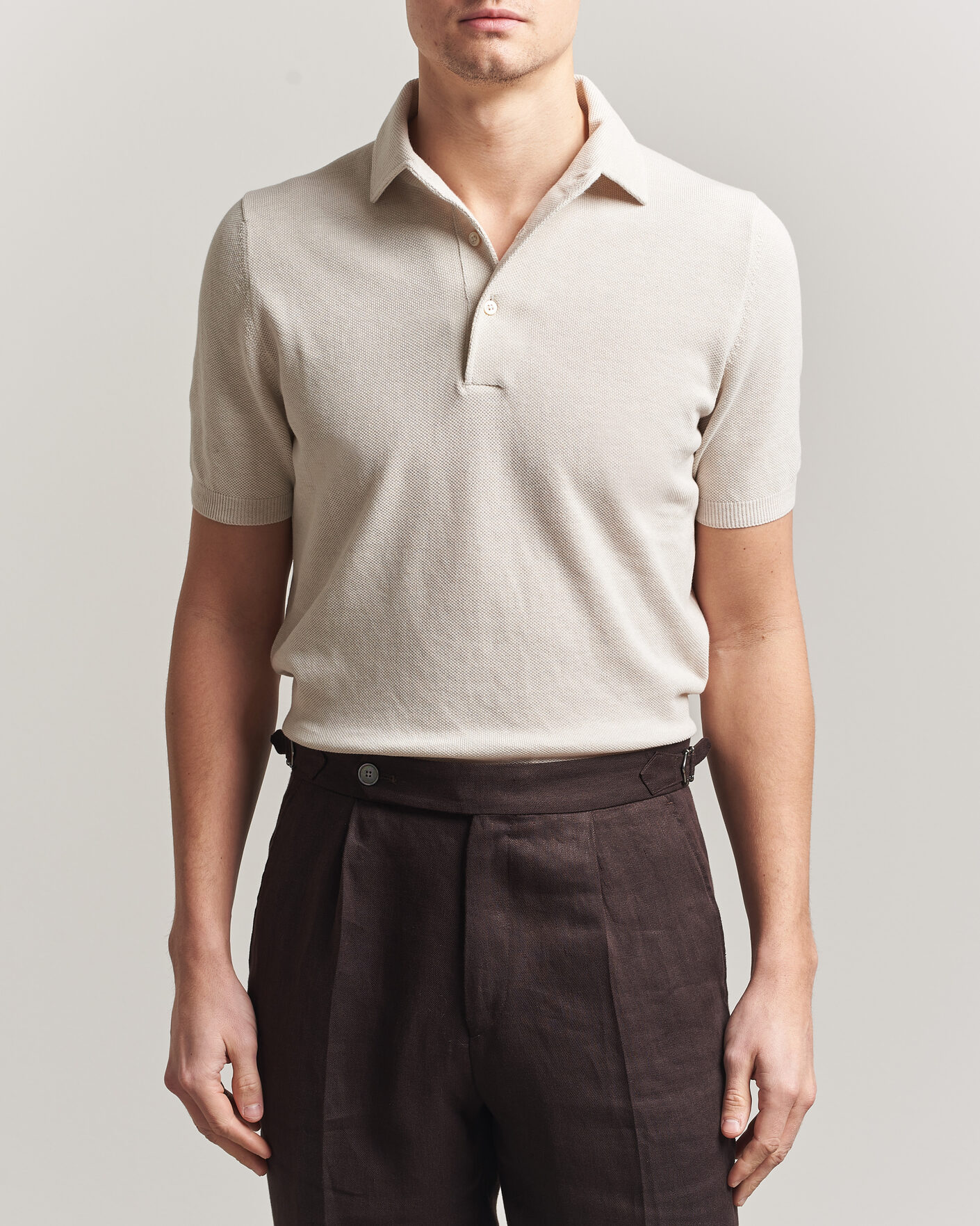 Mies | Pikeet | Gran Sasso | Cotton Textured Knitted Polo Light Beige
