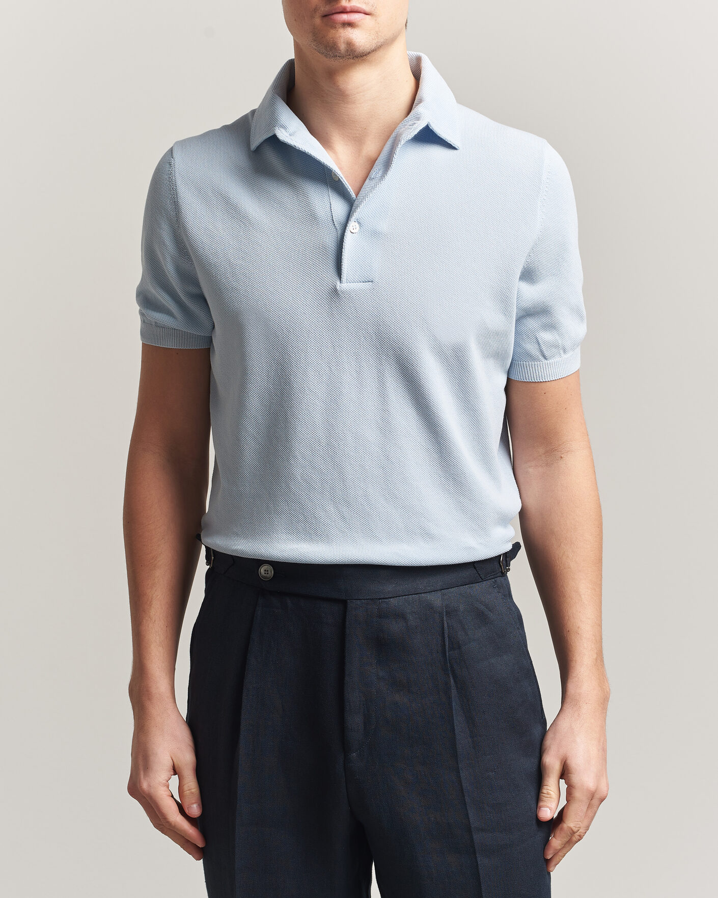 Mies | Pikeet | Gran Sasso | Cotton Textured Knitted Polo Light Blue