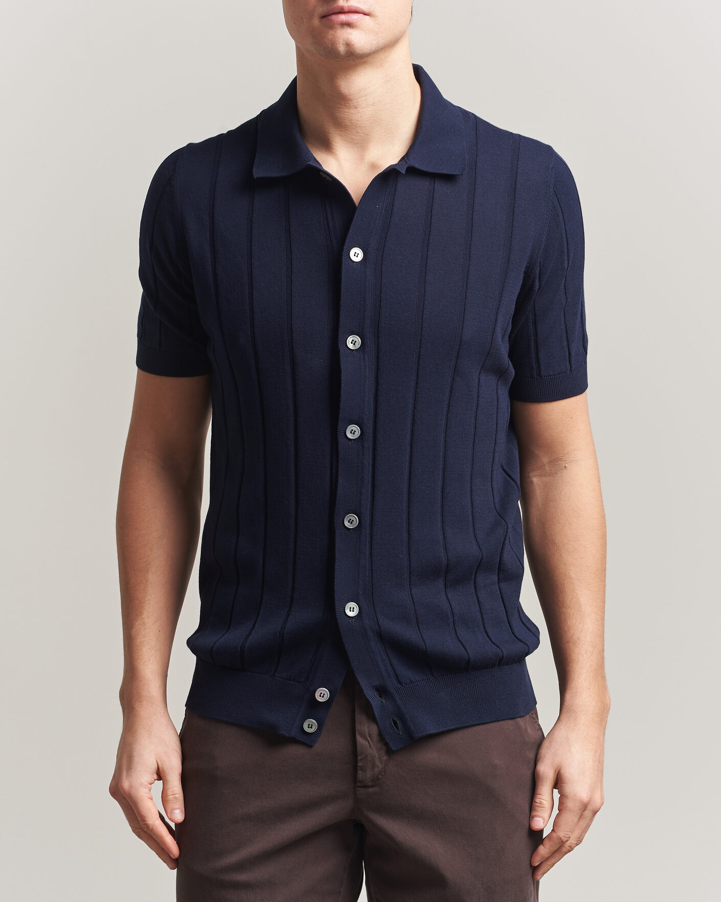 Mies | Kauluspaidat | Gran Sasso | Cotton Ribbed Knitted Resort Shirt Navy