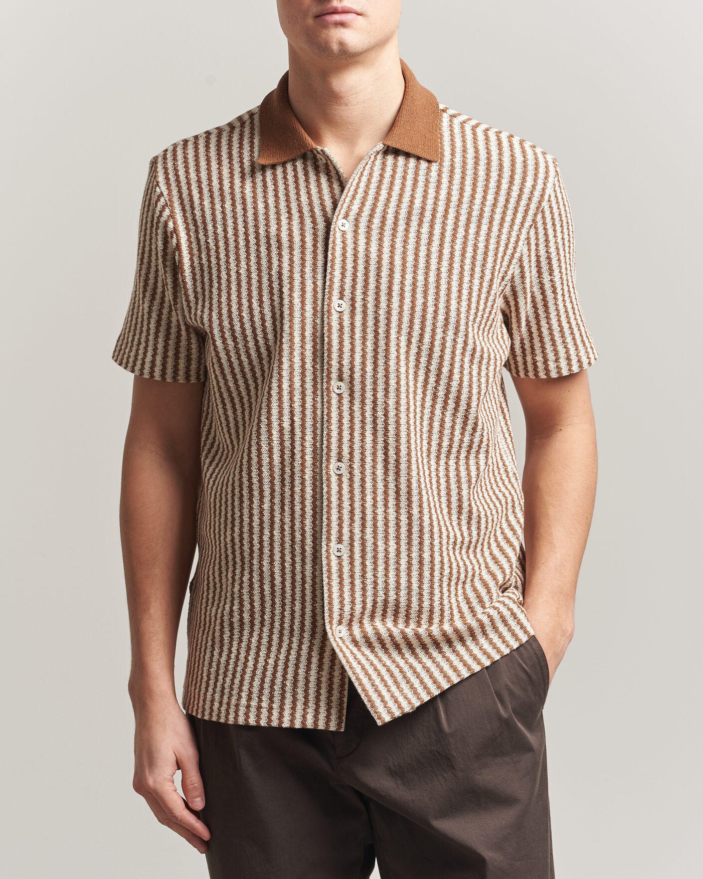 Mies | Kauluspaidat | Gran Sasso | Cotton Knitted Striped Resort Shirt Brown/White