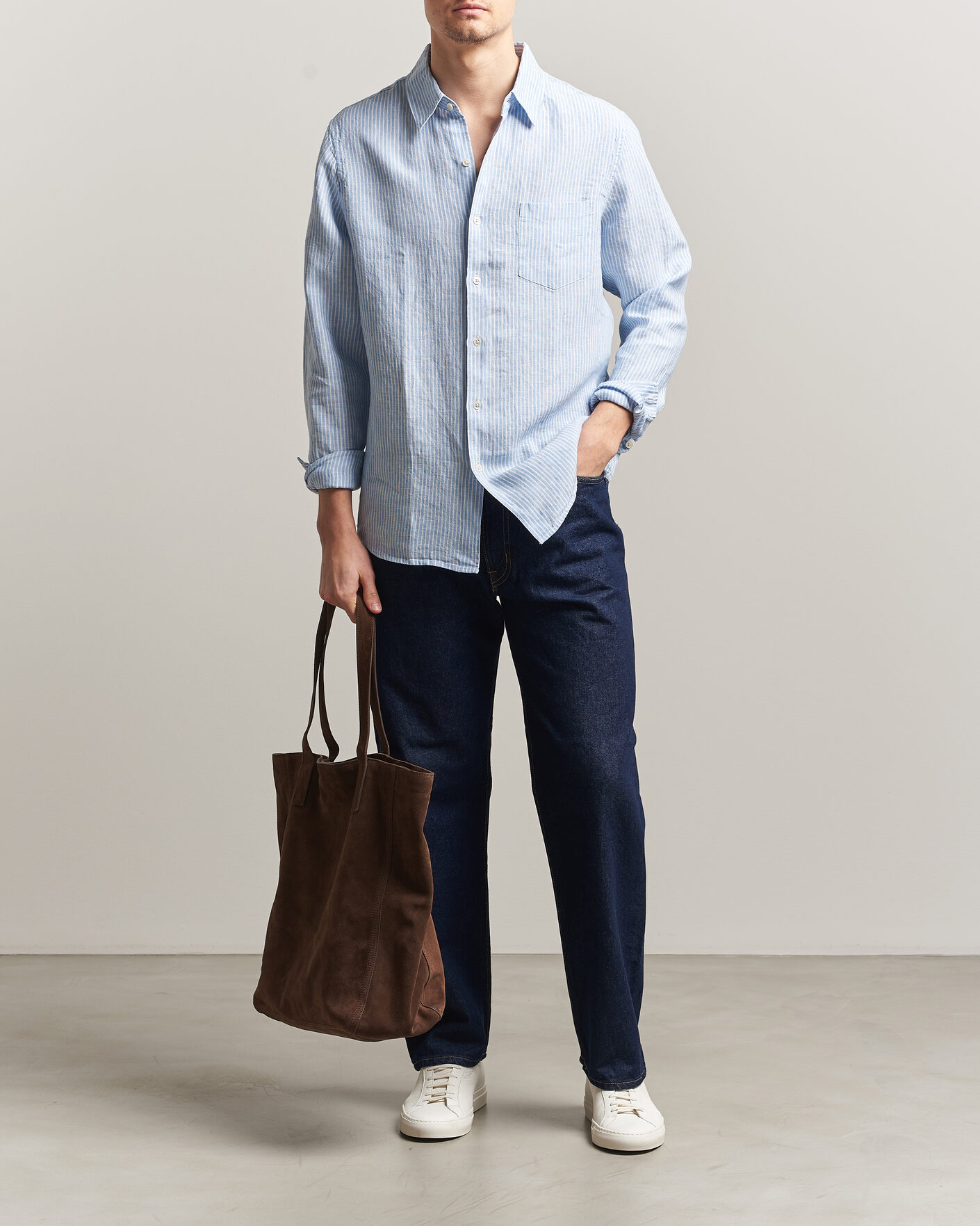 Mies | Kauluspaidat | A Day's March | Daintree Striped Linen Shirt Light Blue/White
